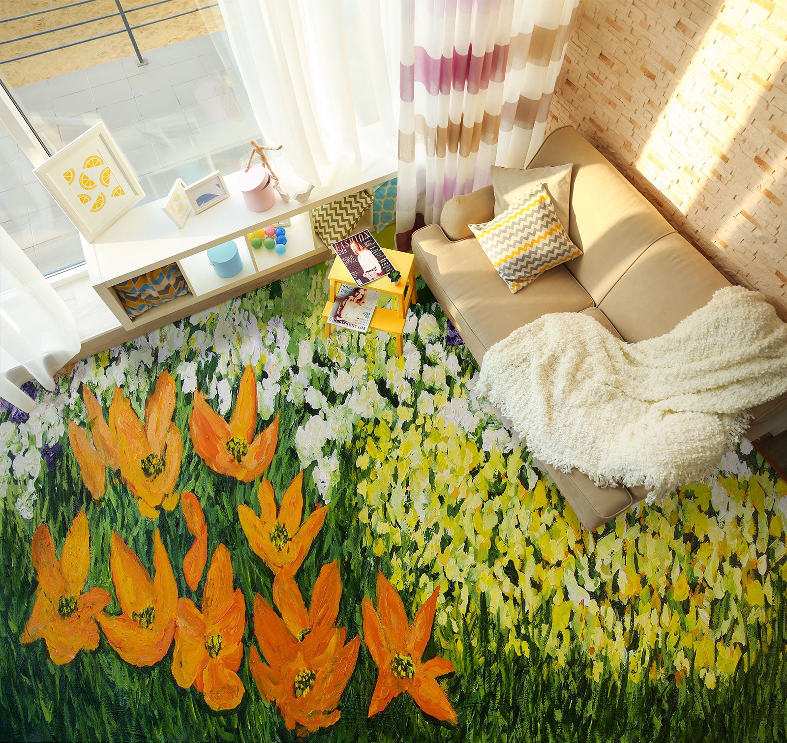 3D Yellow Orange Flowers 9644 Allan P. Friedlander Floor Mural Wallpaper Murals Self-Adhesive Removable Print Epoxy