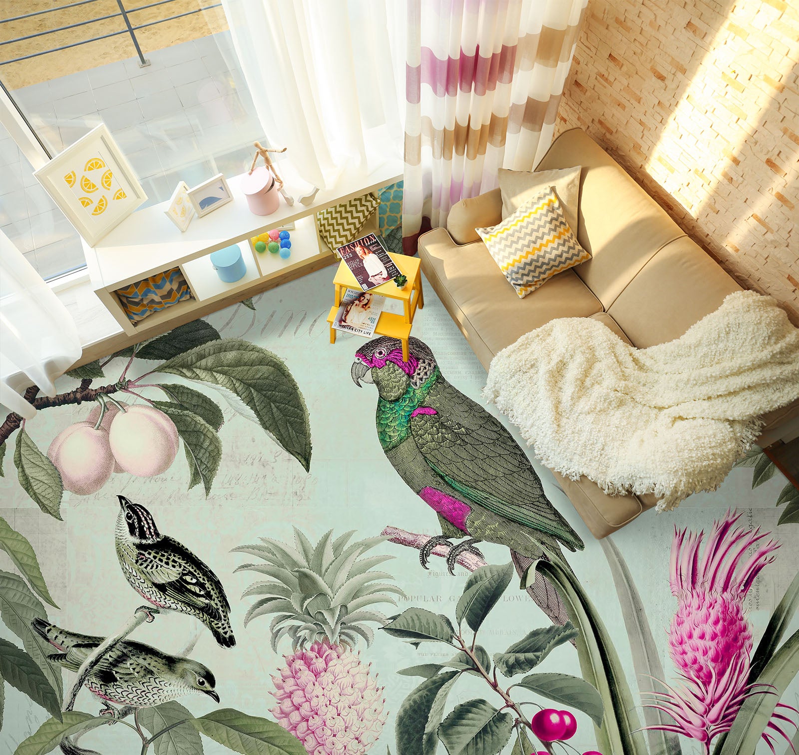 3D Pineapple Fruit Parrot 104148 Andrea Haase Floor Mural Wallpaper Murals Self-Adhesive Removable Print Epoxy