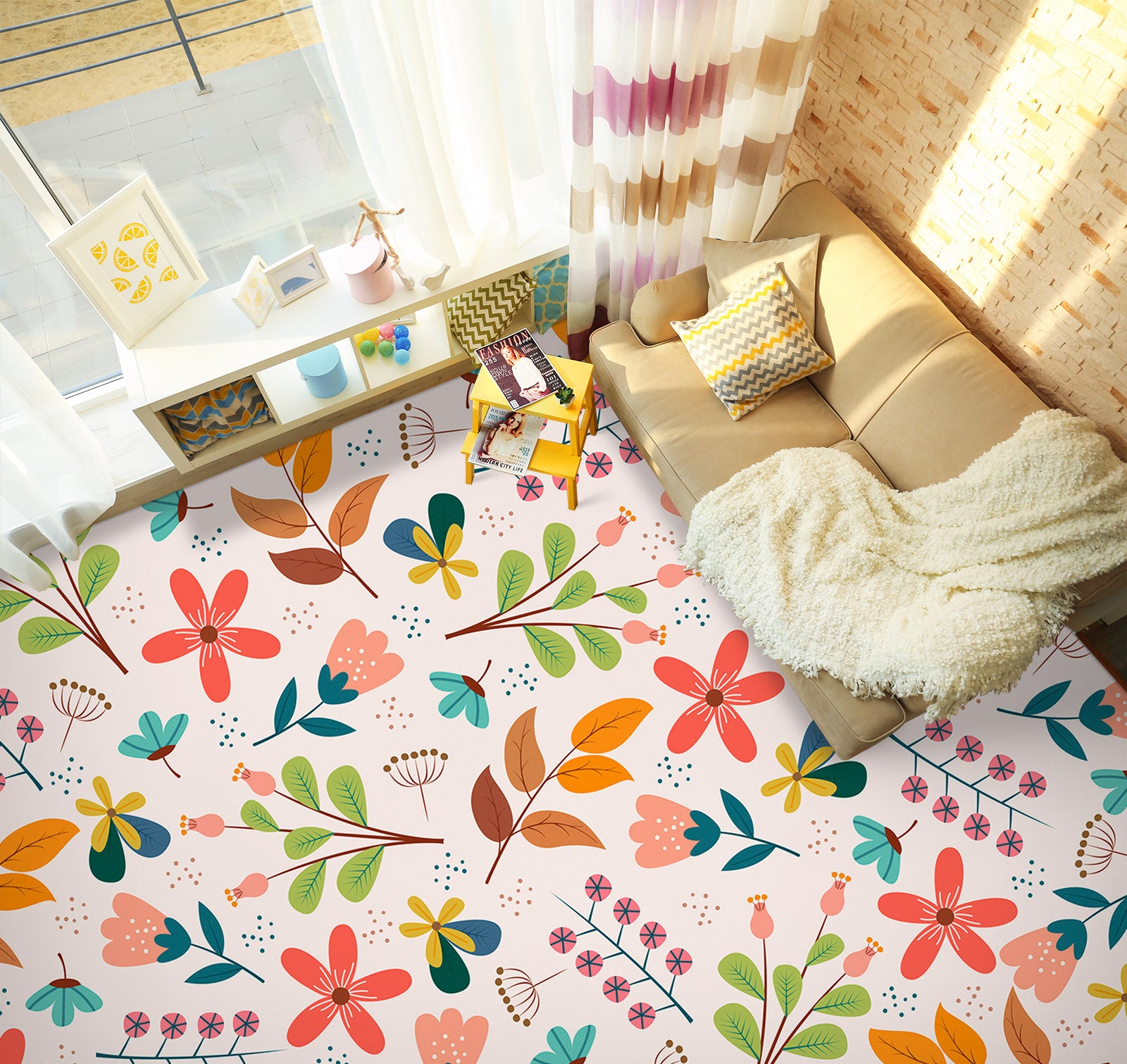 3D Cute Leaves And Flowers 1275 Floor Mural