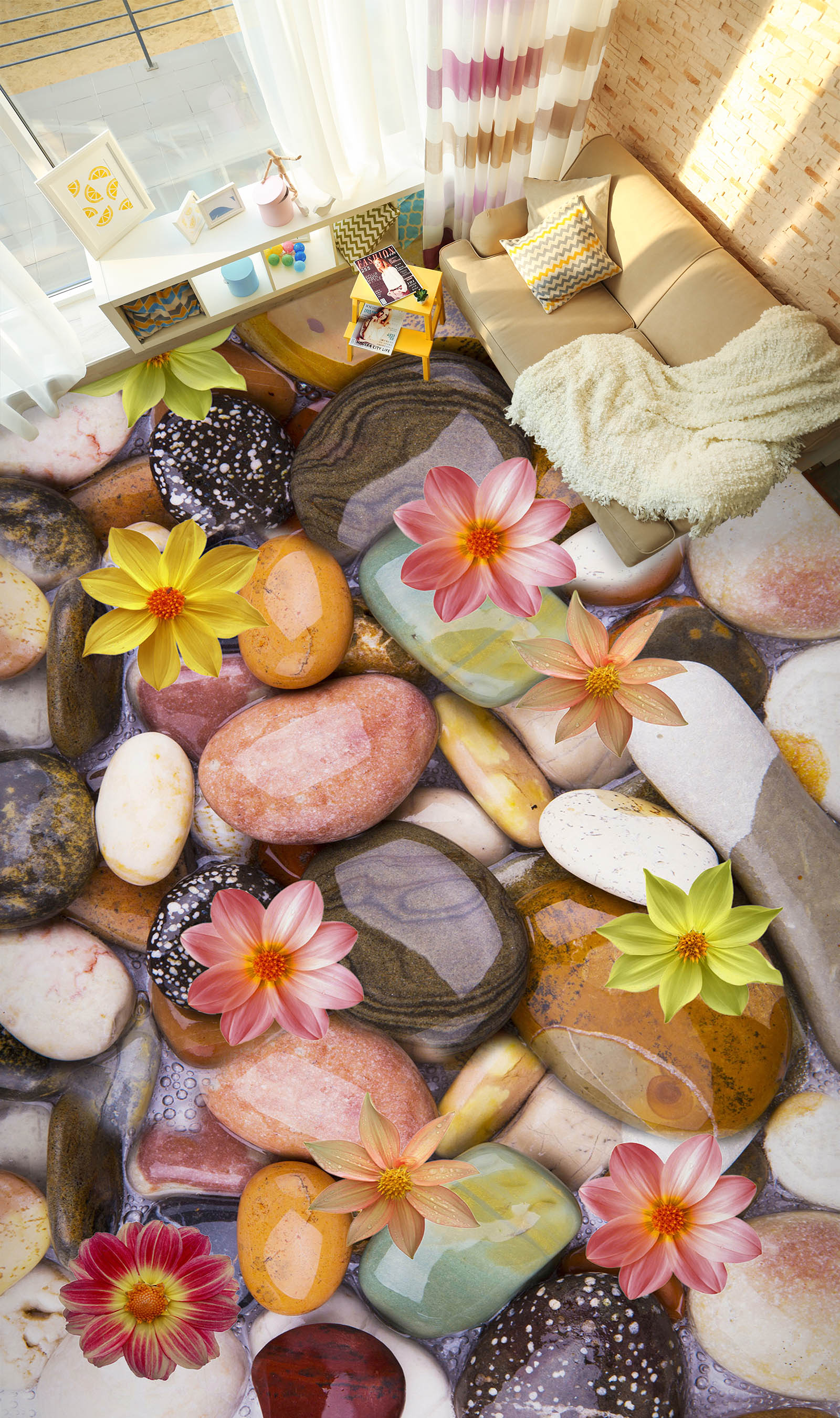 3D Colored Stones And Flowers 285 Floor Mural Wallpaper Murals Rug & Mat Print Epoxy waterproof bath floor