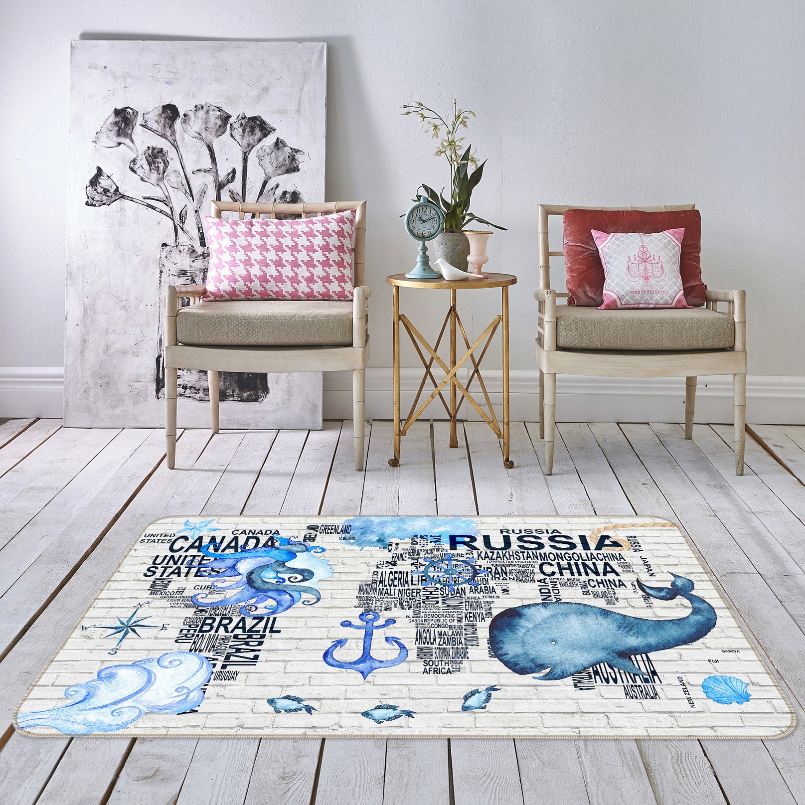 3D Blue Whale 206 World Map Non Slip Rug Mat