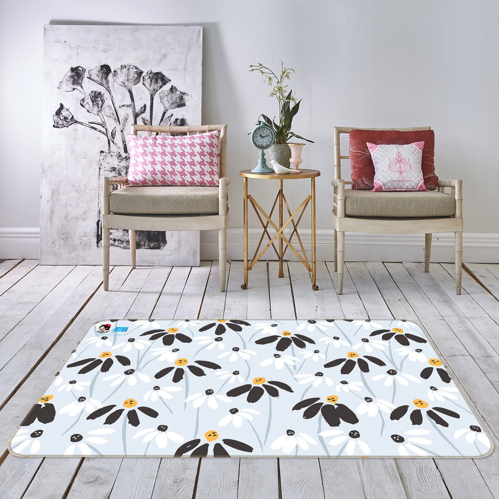 3D Black White Petal Flower 10767 Kashmira Jayaprakash Rug Non Slip Rug Mat
