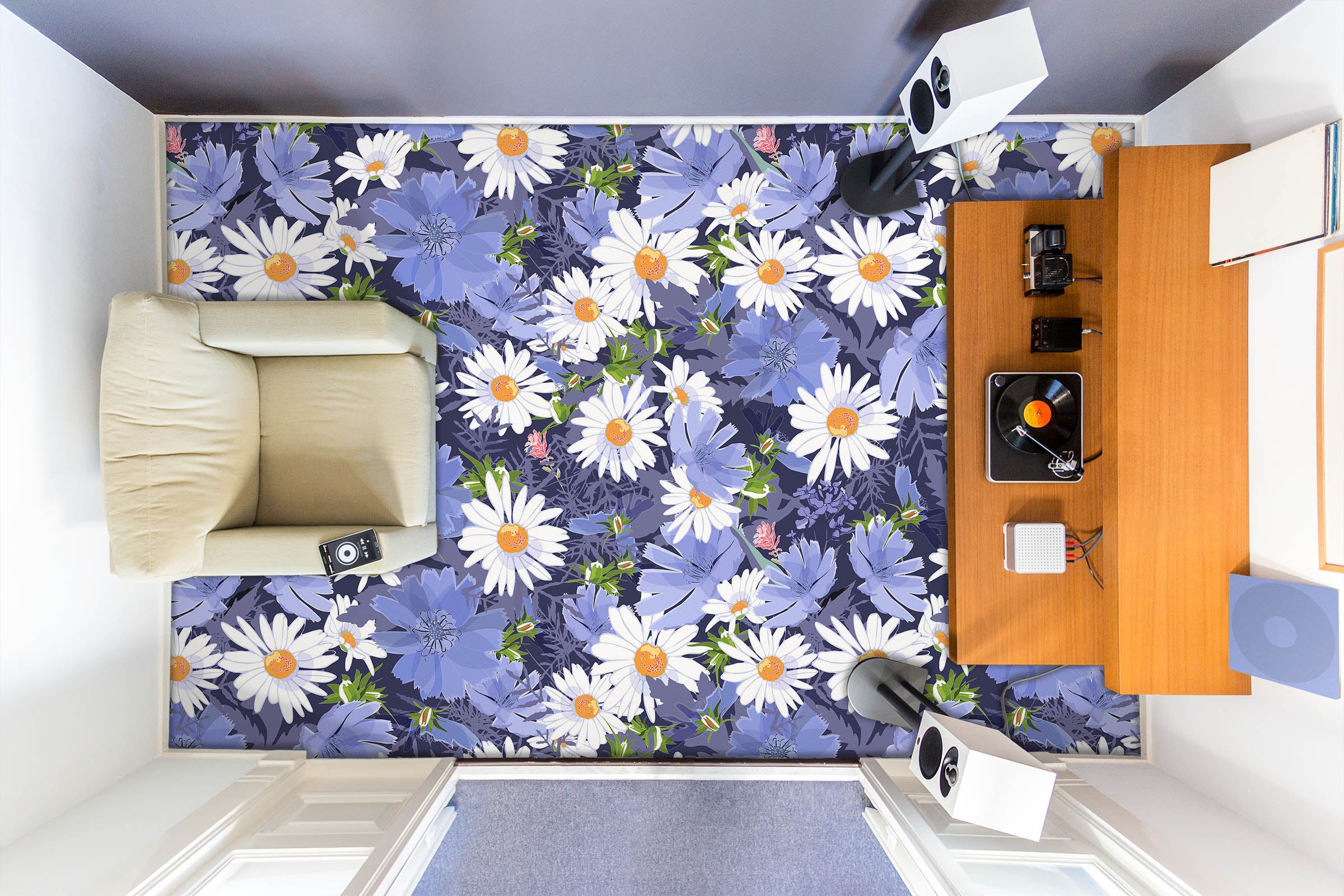 3D Daisies And Purple Leaves 1224 Floor Mural Wallpaper Murals Self-Adhesive Removable Print Epoxy