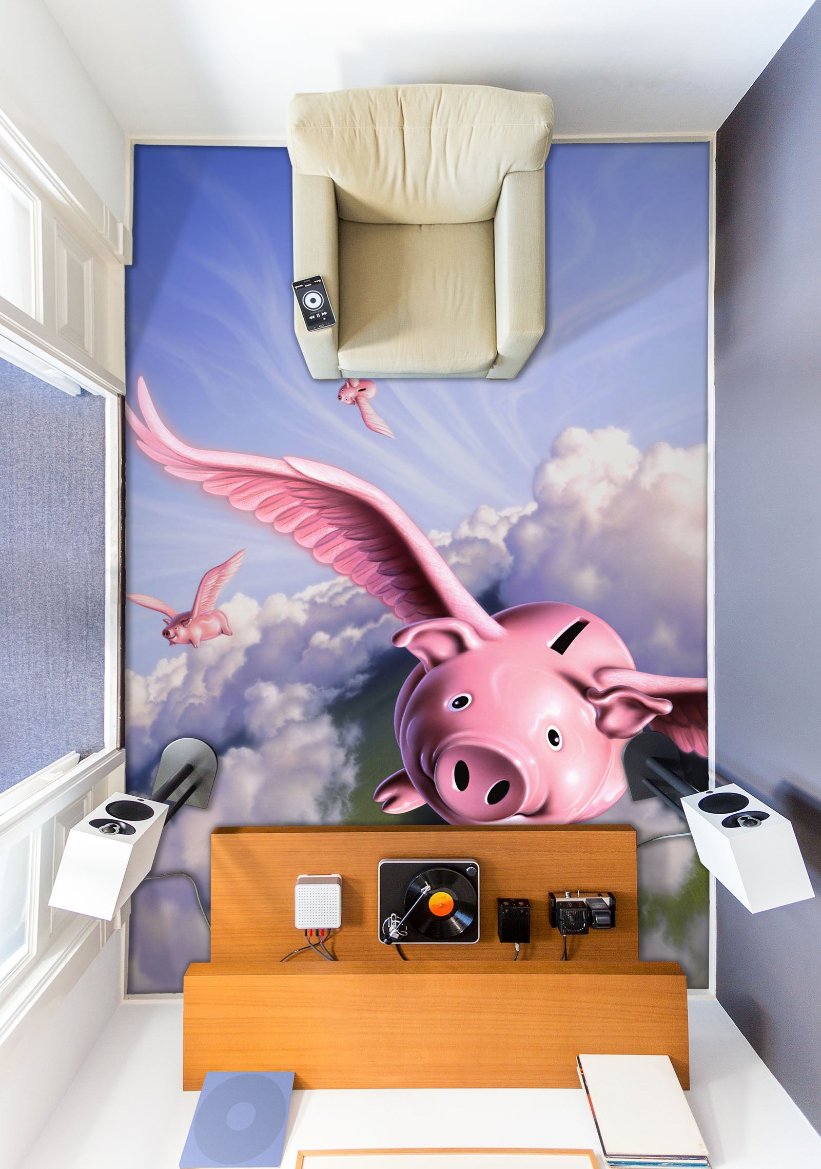 3D Sky Cloud Pink Flying Pig 96224 Jerry LoFaro Floor Mural Wallpaper Murals Self-Adhesive Removable Print Epoxy