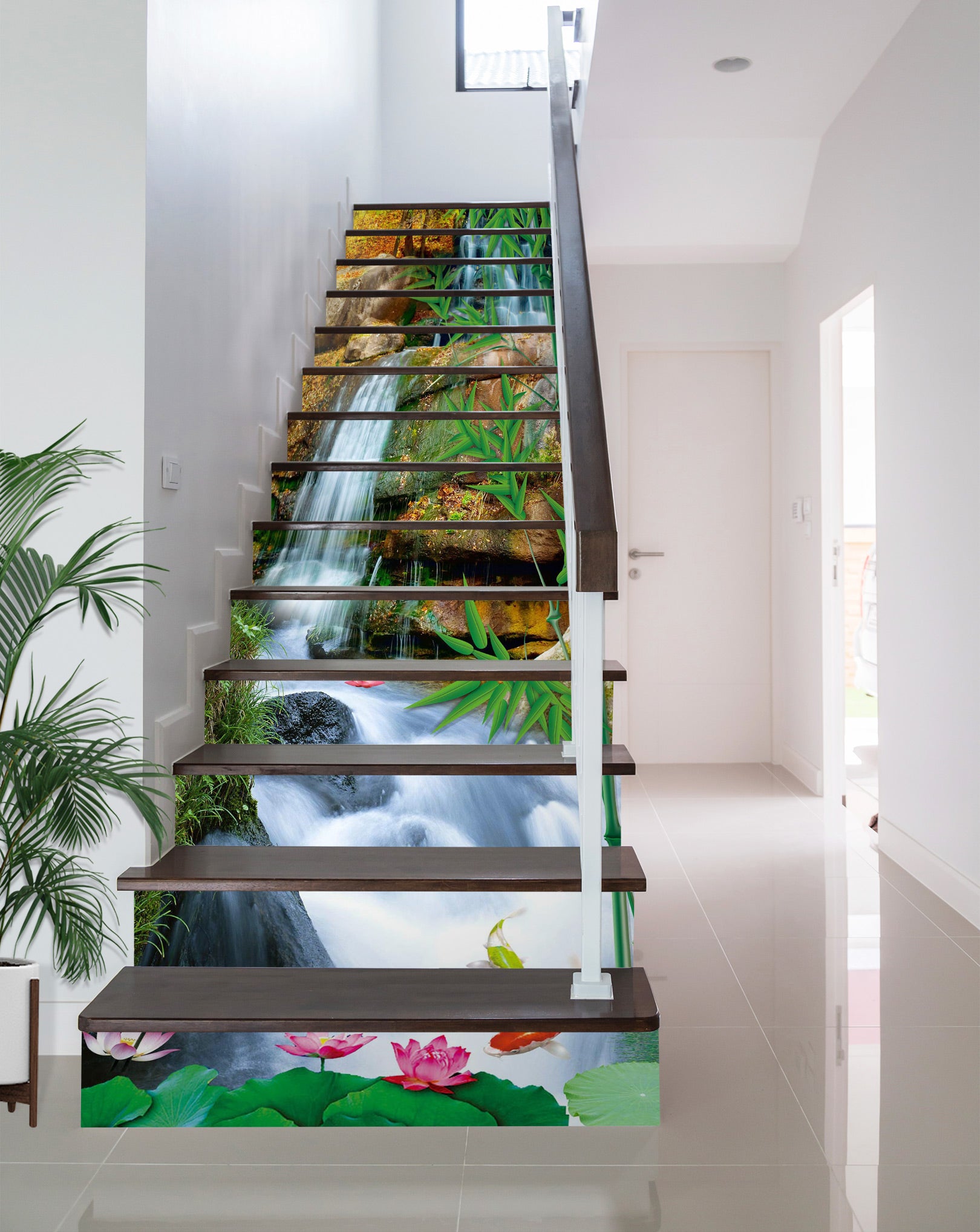 3D Waterfall And Lotus 053 Stair Risers