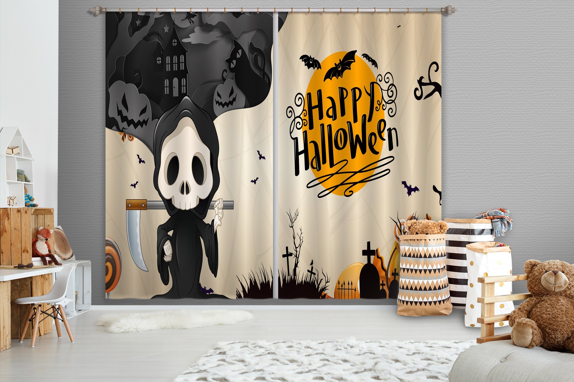 3D Cartoon Sickle Pumpkin 039 Halloween Curtains Drapes Curtains AJ Creativity Home