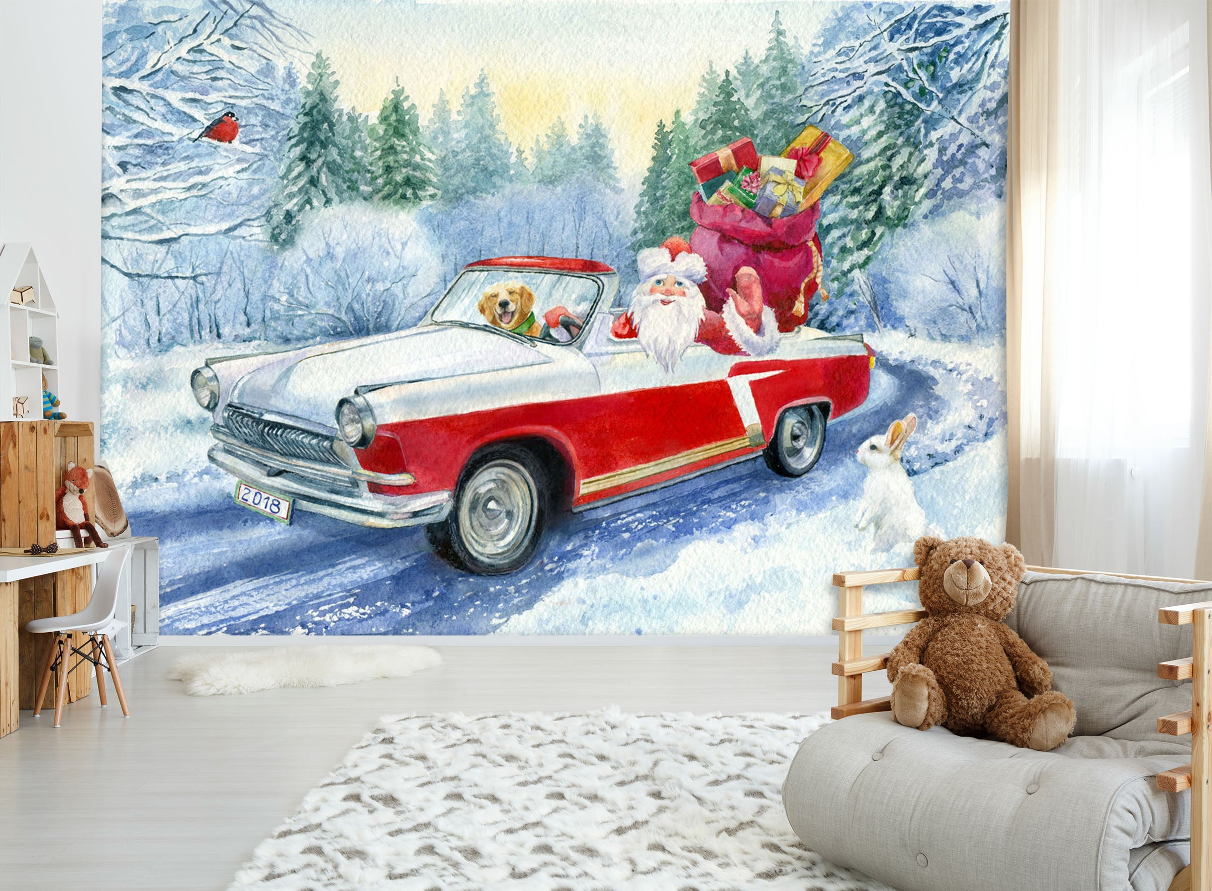 3D Christmas Bunny Car 364 Vehicle Wall Murals