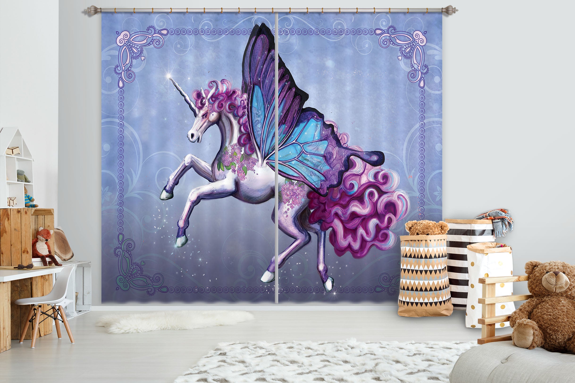 3D Wing Horse 104 Rose Catherine Khan Curtain Curtains Drapes
