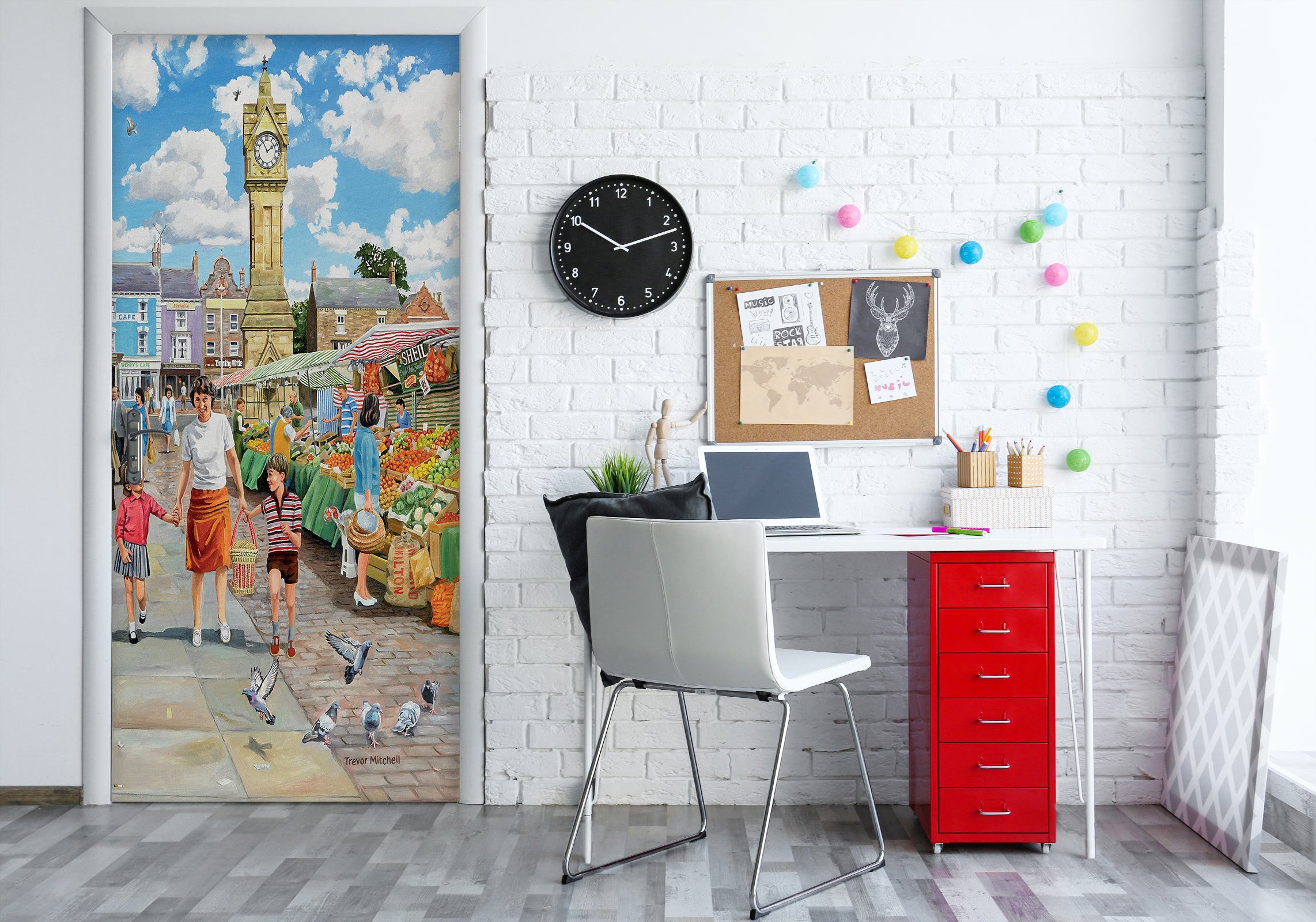 3D Clock Tower Flower Bush Traveler 10308 Trevor Mitchell Door Mural