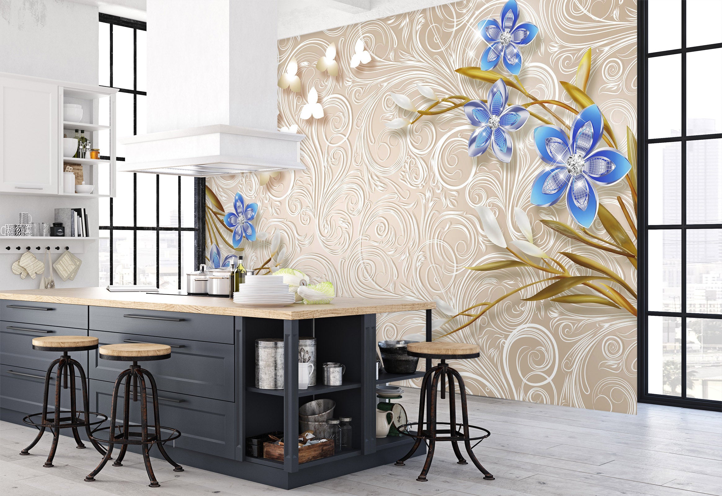 3D Blue Flowers 1480 Wall Murals