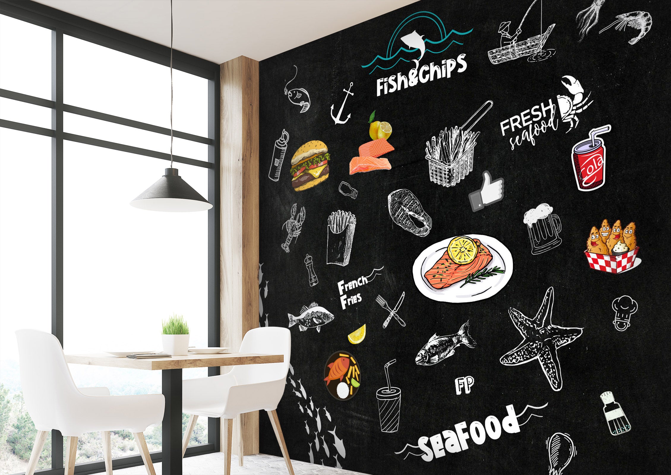 3D stylish blackboard fish chips 01 Wall Murals Wallpaper AJ Wallpaper 2