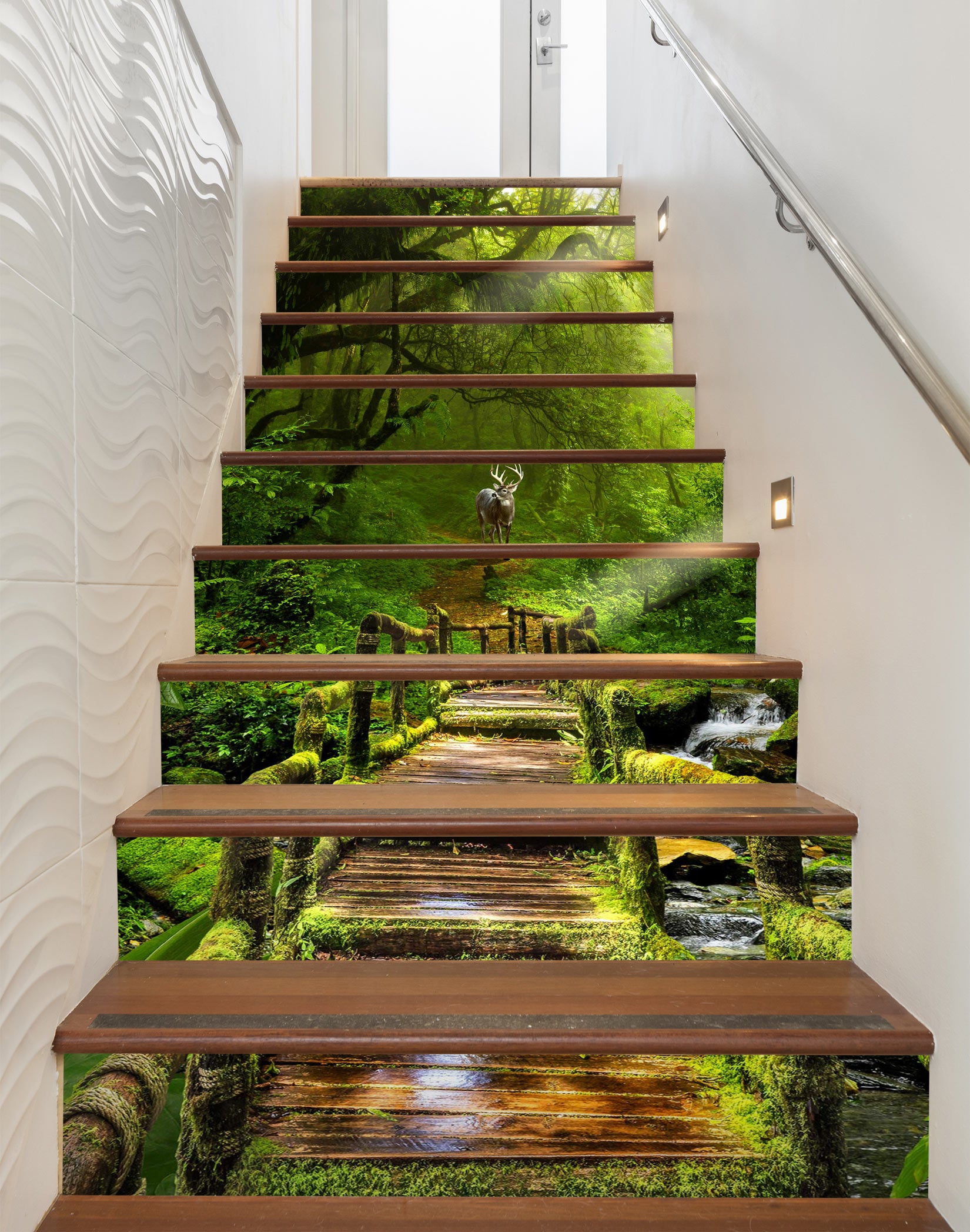 3D Wooden Bridge Winding Green 055 Stair Risers
