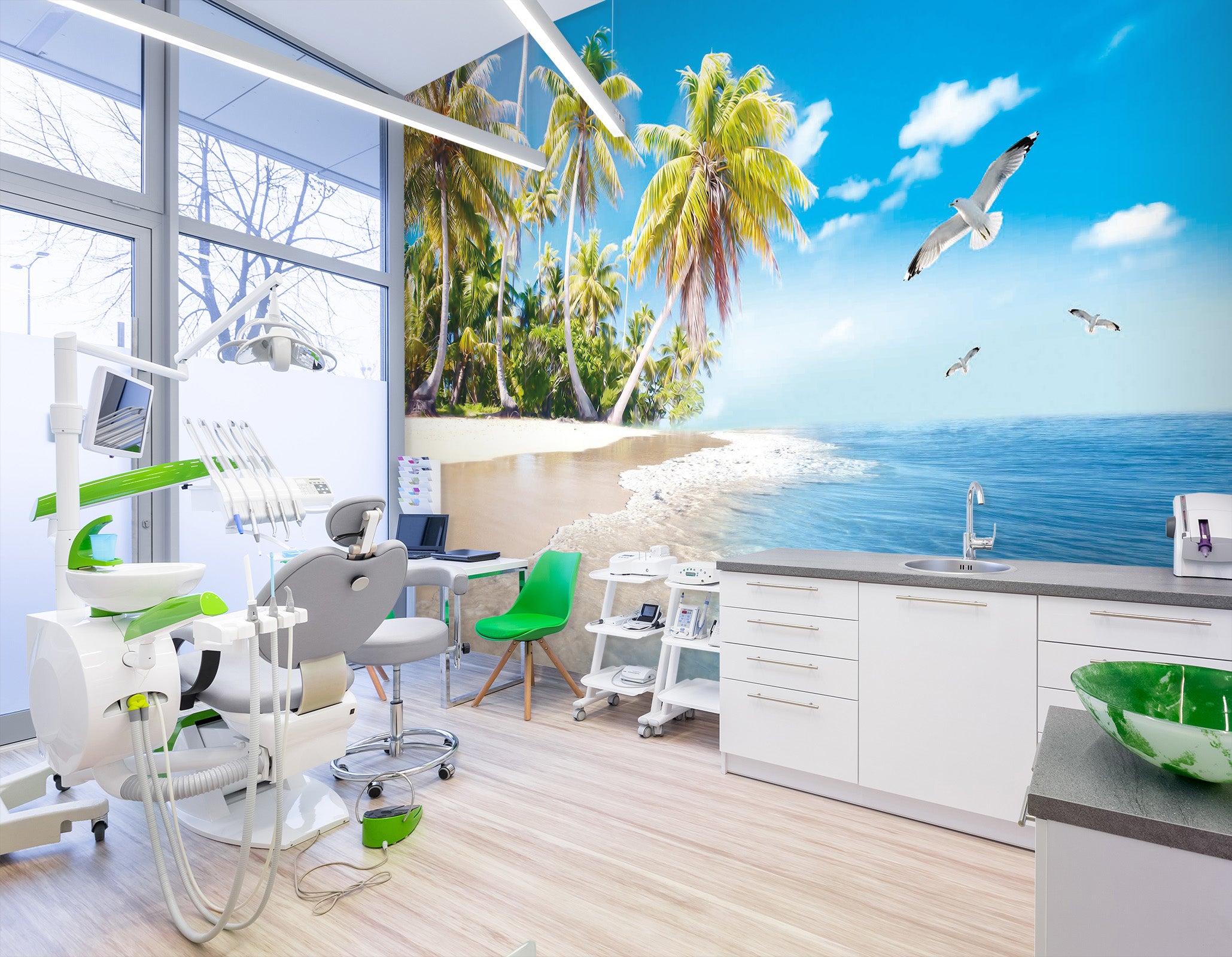 3D Coconut Tree Seagull 046 Wall Murals