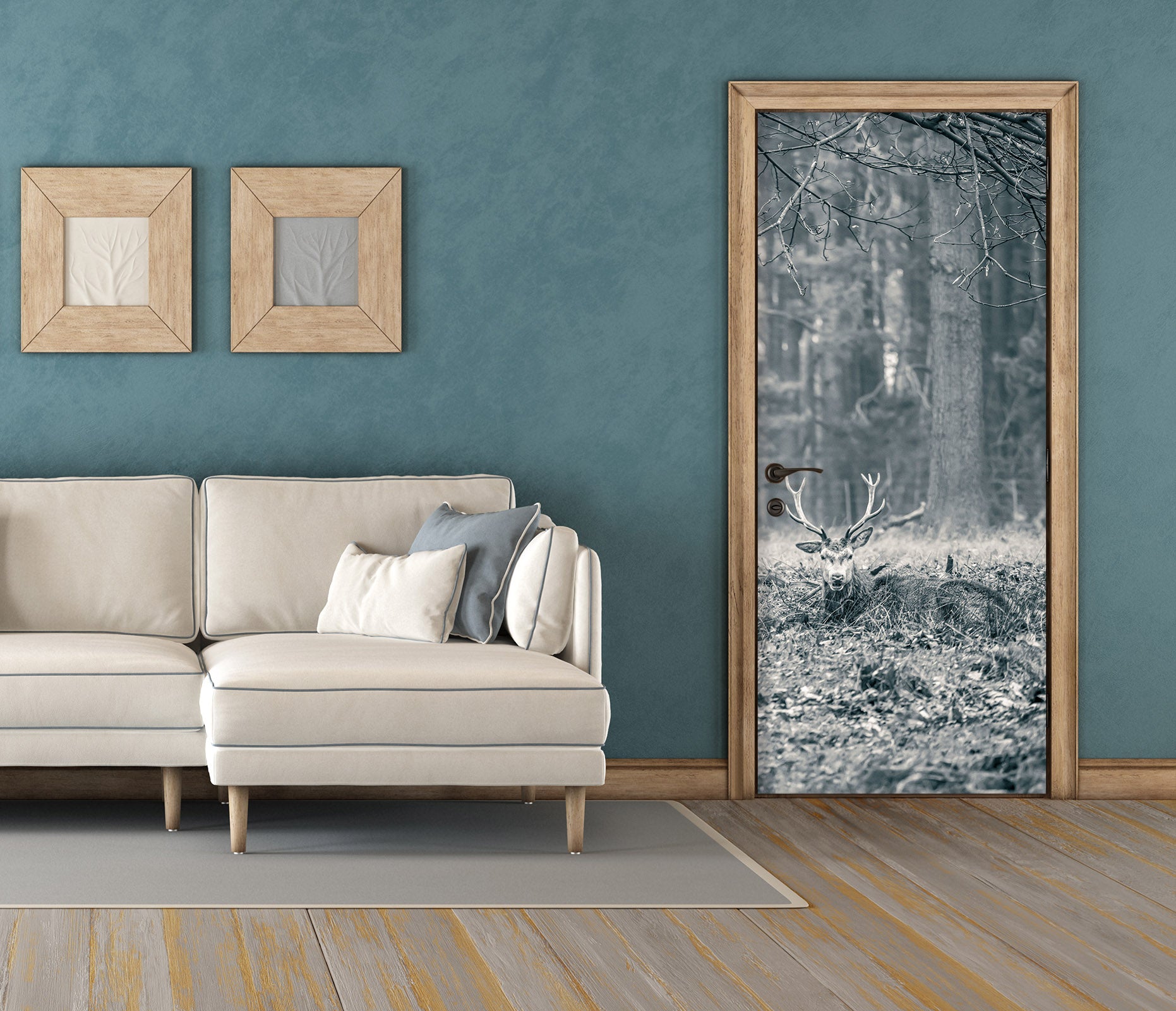 3D Grey Grassland Tree Deer 106192 Assaf Frank Door Mural