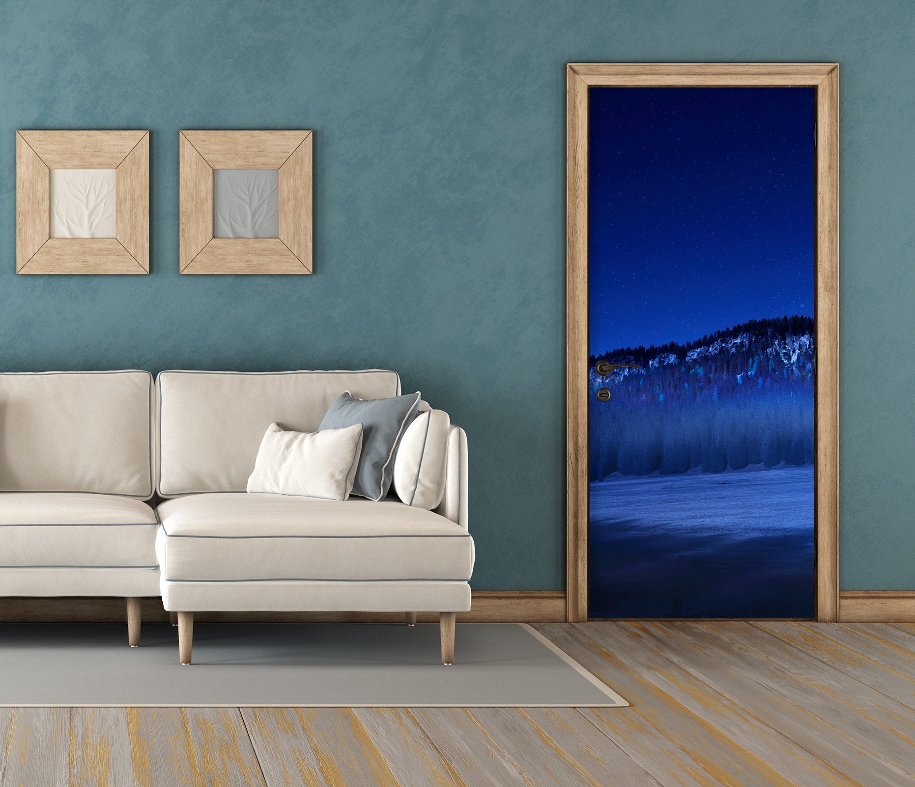 3D Night Blue Woods Mountains 122127 Marco Carmassi Door Mural