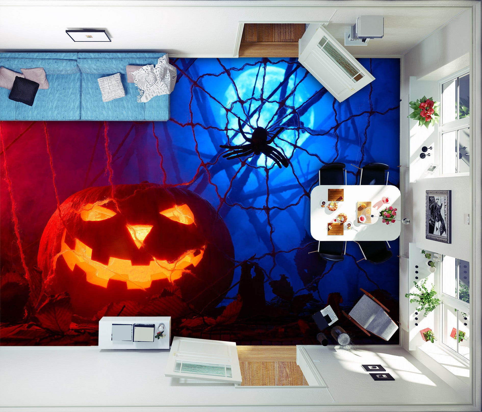 3D Pumpkin Spider 015 Floor Mural Self-Adhesive Sticker Bathroom Non-slip Waterproof Flooring Murals