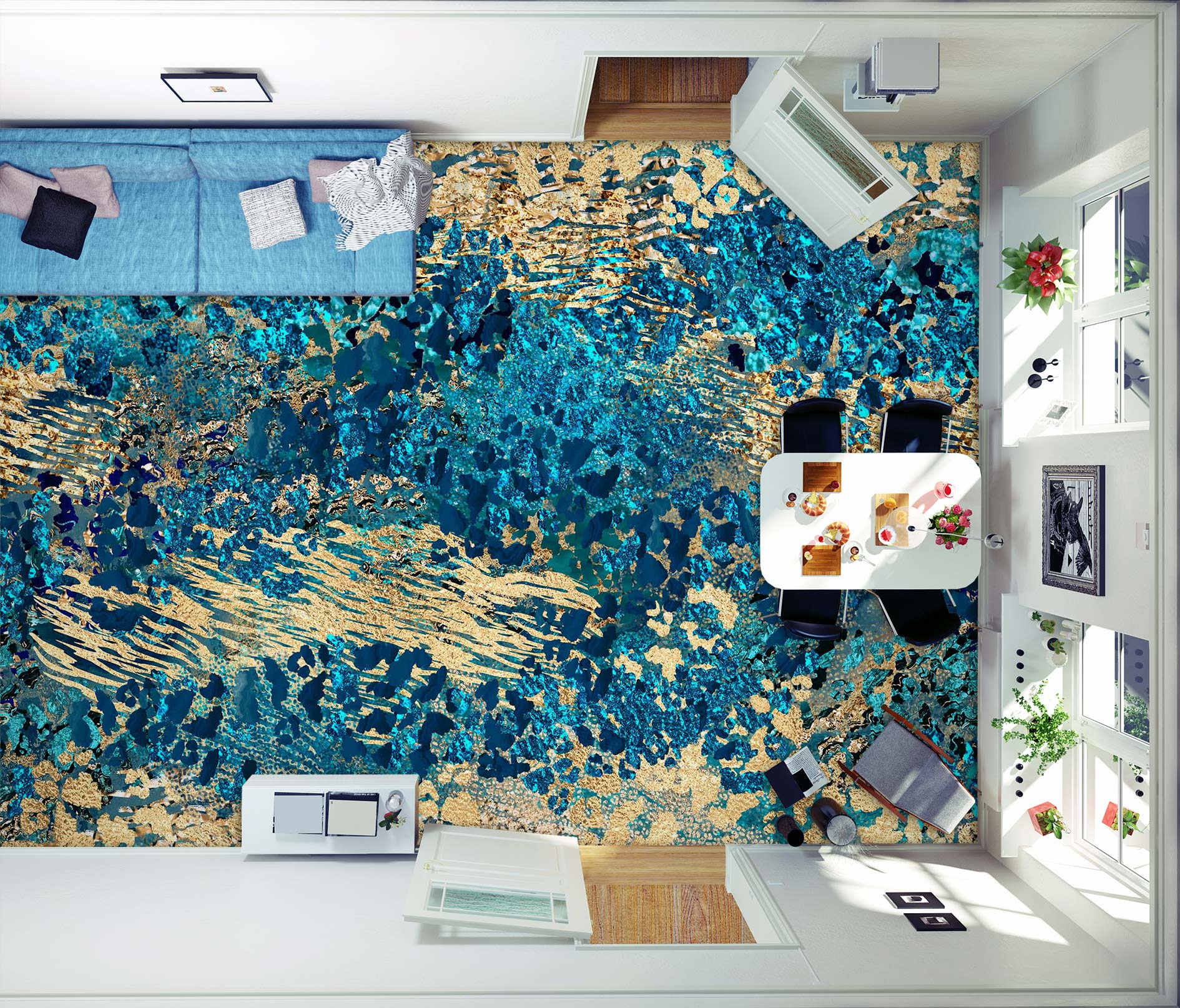 3D Blue Gold Pattern 102144 Andrea Haase Floor Mural Wallpaper Murals Self-Adhesive Removable Print Epoxy