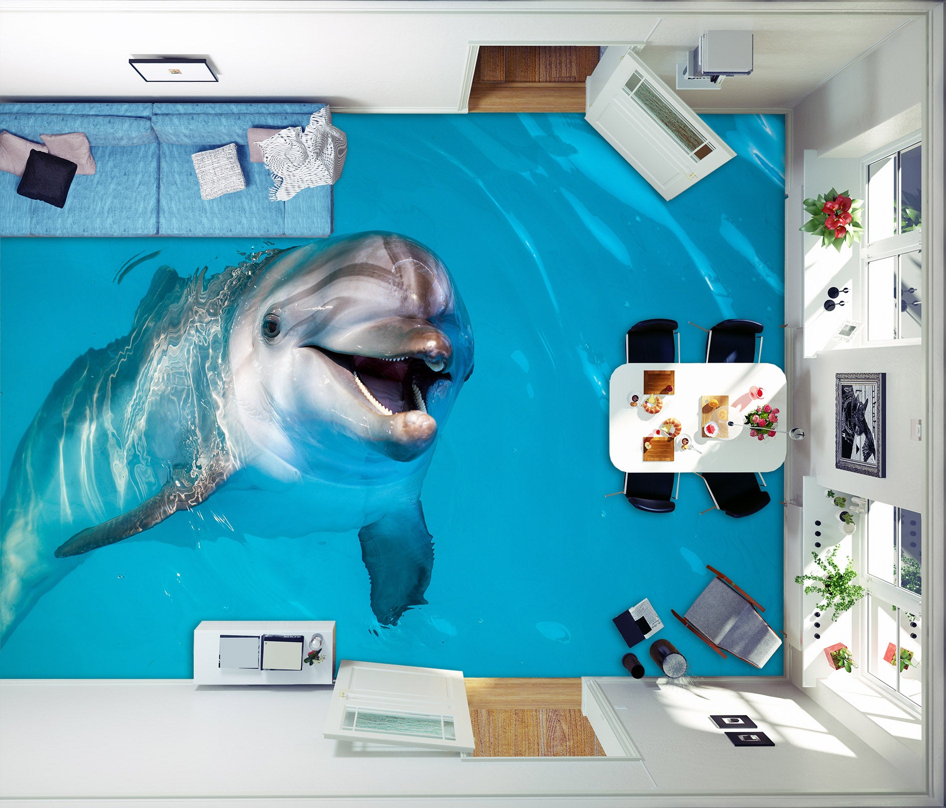 3D Friendly Dolphin 387 Floor Mural Wallpaper Murals Rug & Mat Print Epoxy waterproof bath floor