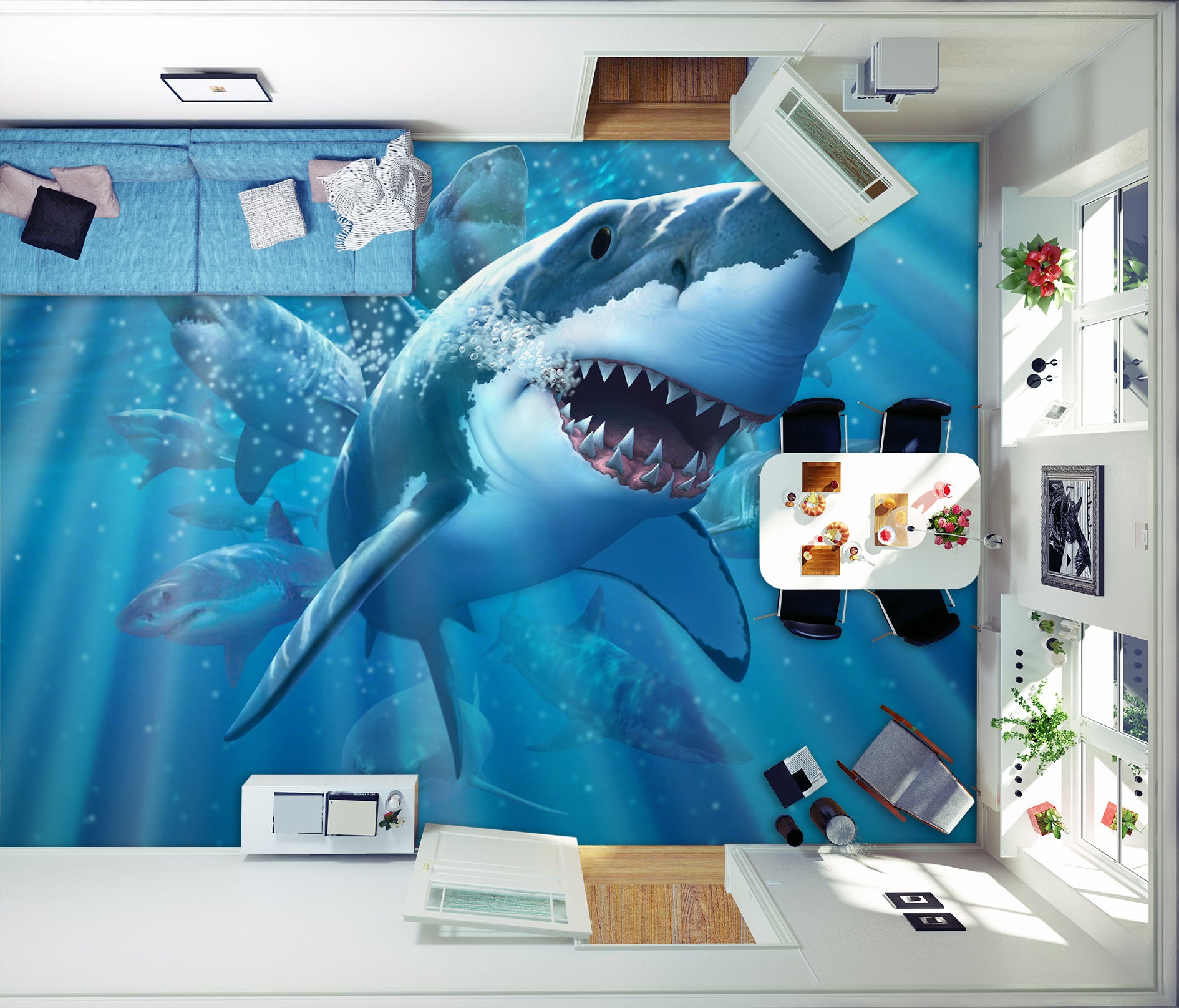 3D Ocean Shark 96221 Jerry LoFaro Floor Mural Wallpaper Murals Self-Adhesive Removable Print Epoxy