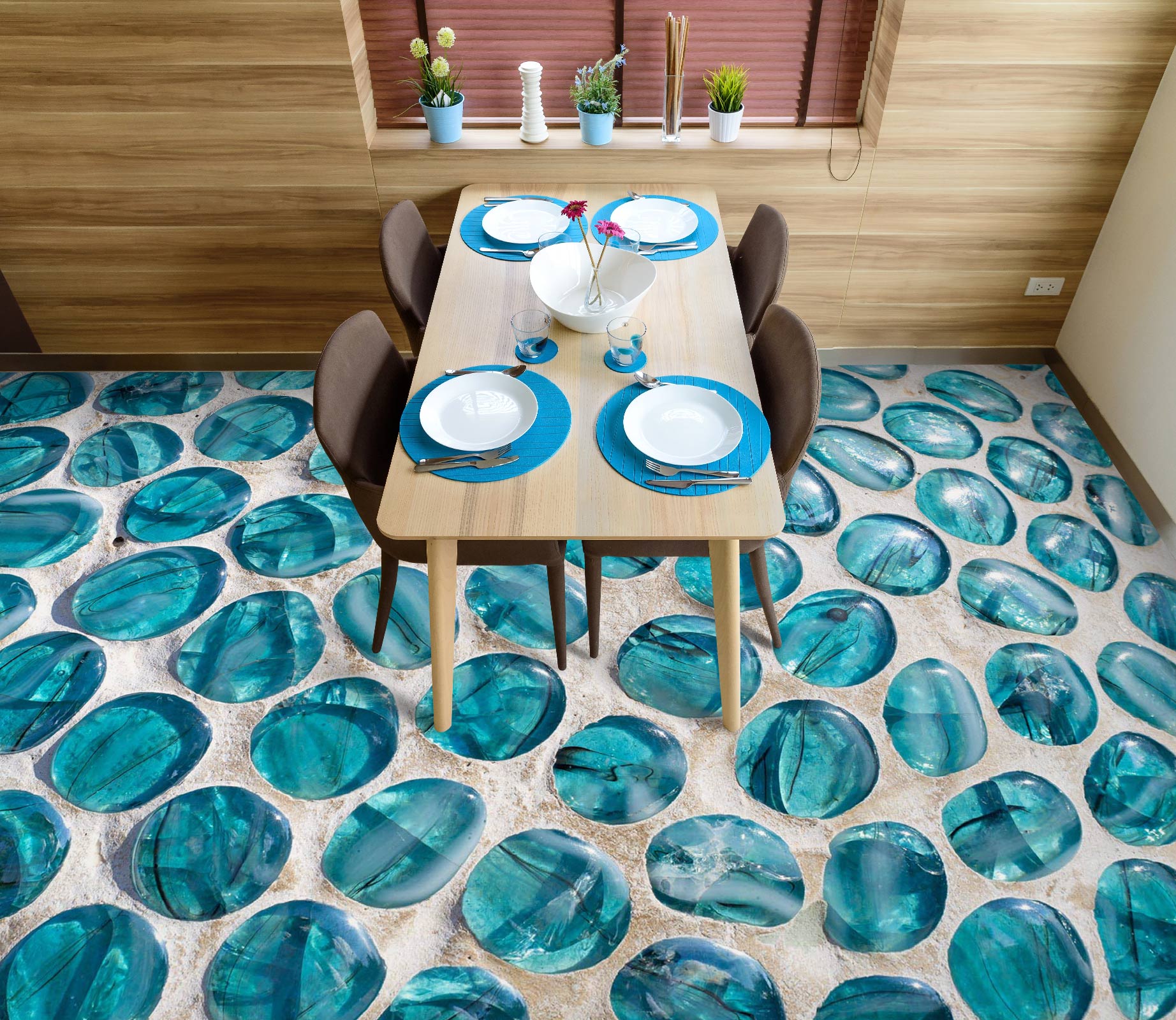 3D Blue Transparent Pebbles 1053 Floor Mural Wallpaper Murals Self-Adhesive Removable Print Epoxy