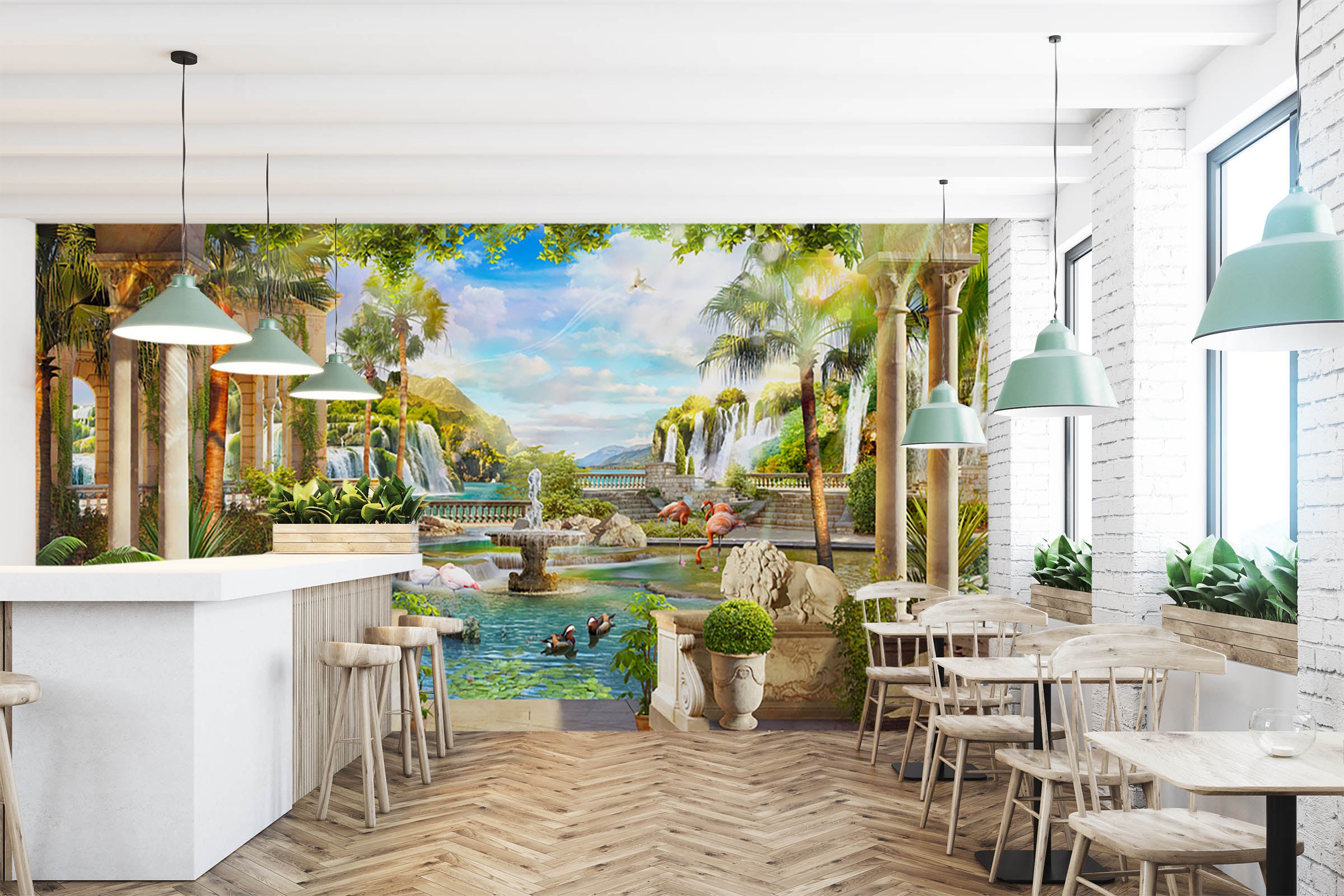 3D Fountain Flamingo 1510 Wall Murals