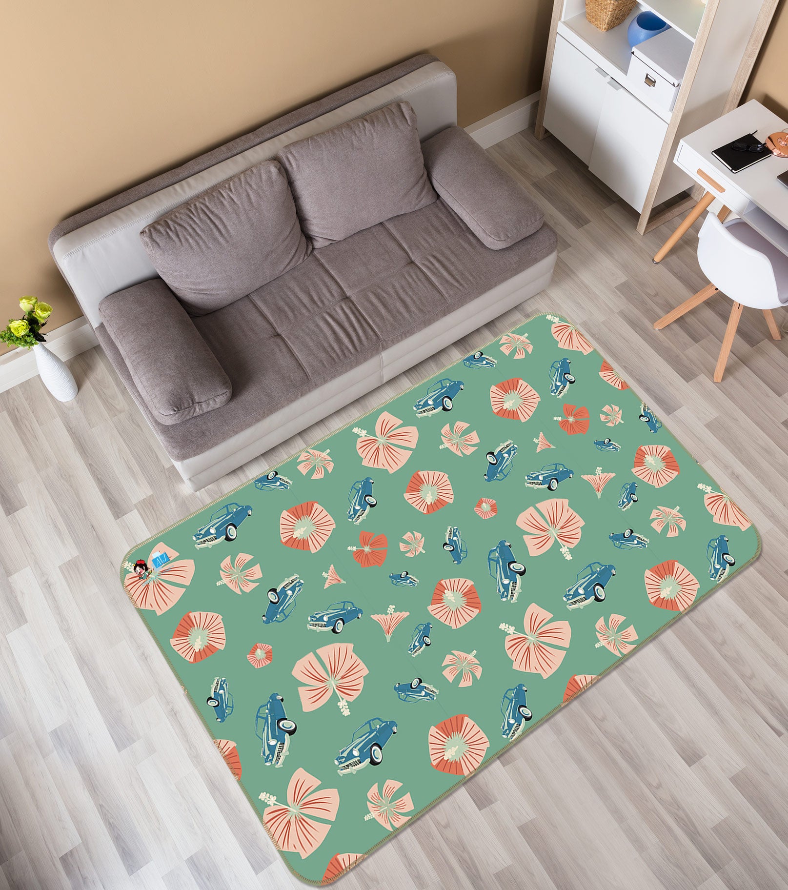3D Pink Flowers Blue Car Pattern 9875 Kasumi Loffler Rug Non Slip Rug Mat