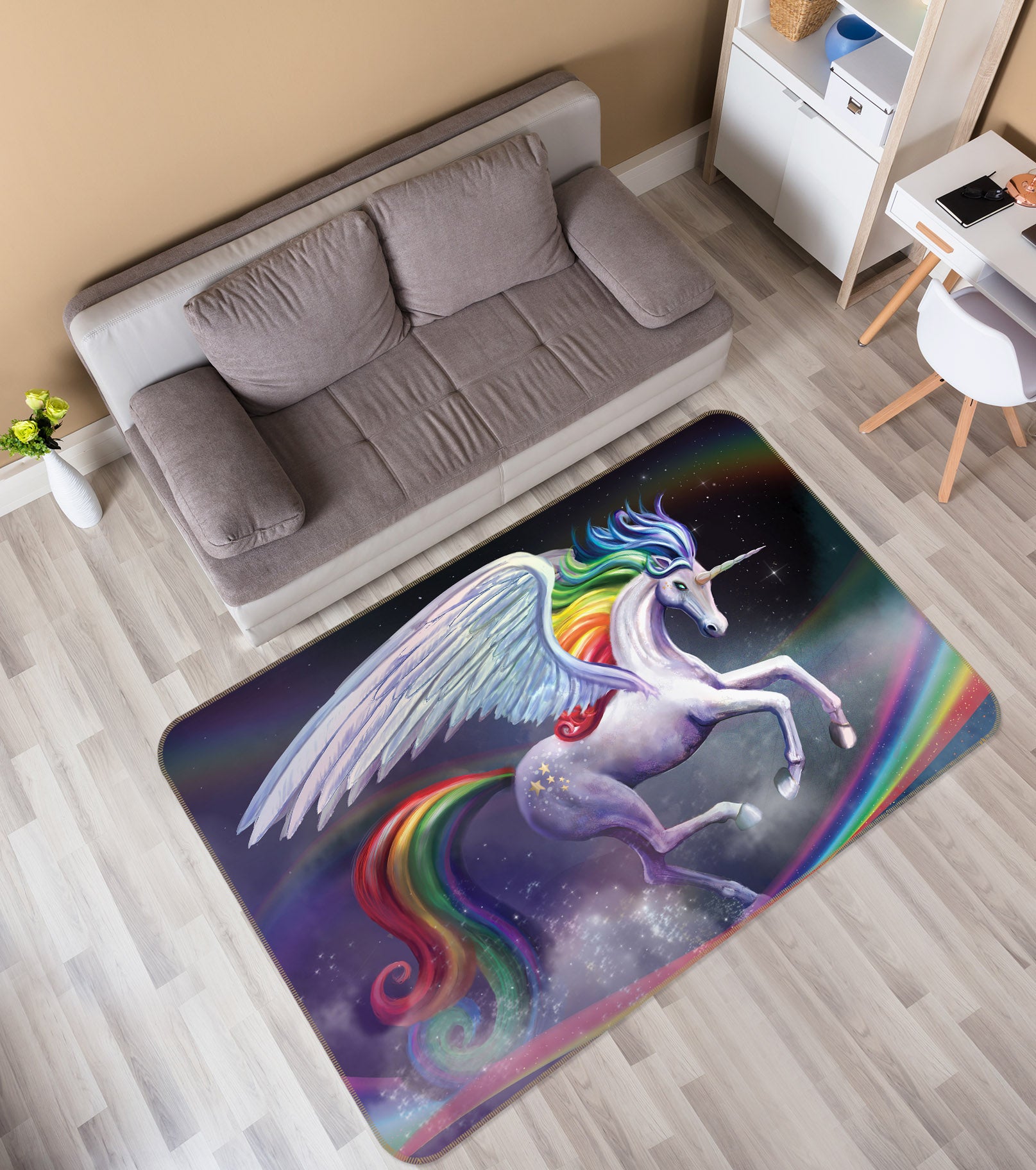 3D White Unicorn 3012 Rose Catherine Khan Rug Non Slip Rug Mat