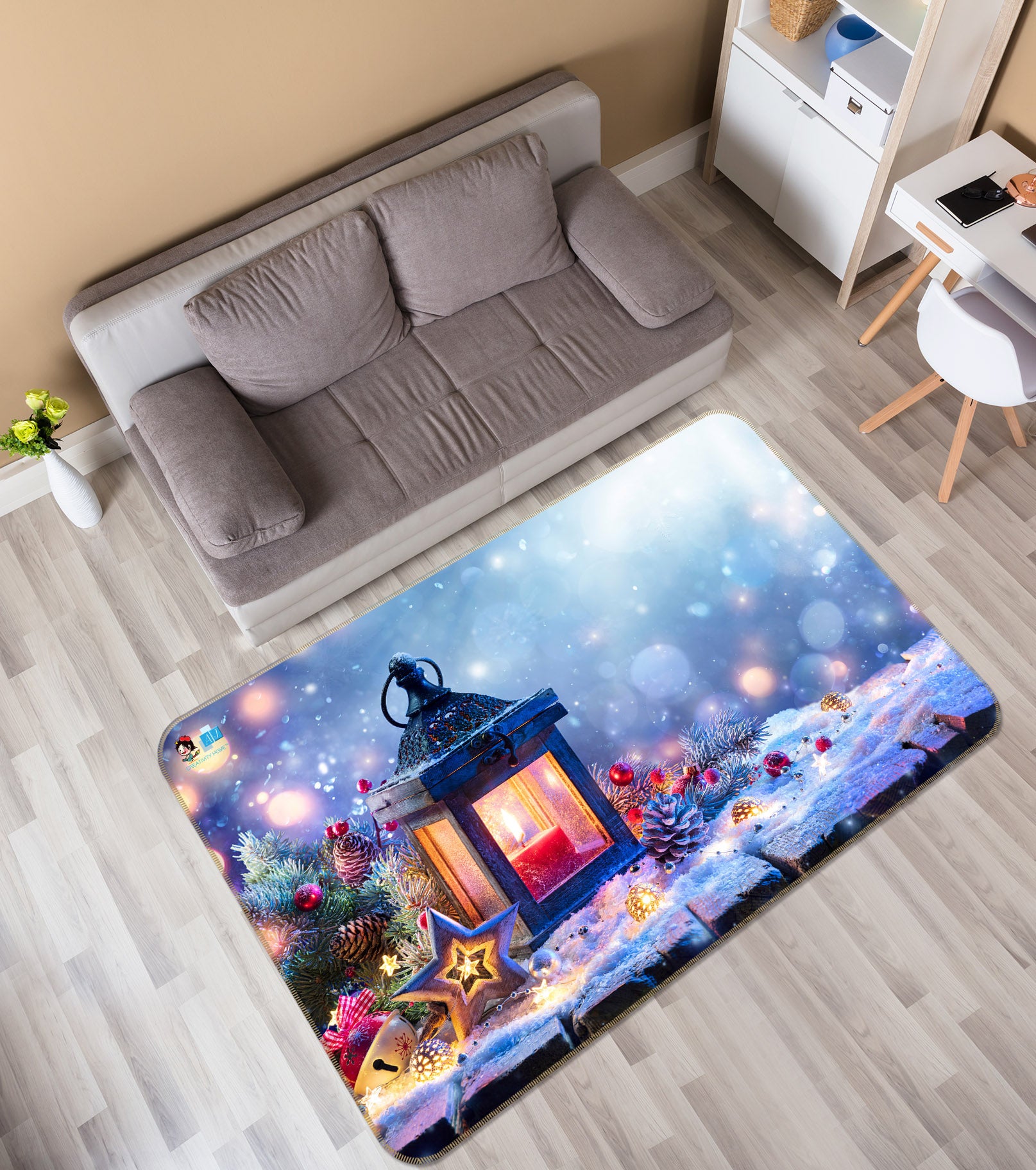 3D Snow Light Circle Candle Light 57005 Christmas Non Slip Rug Mat Xmas