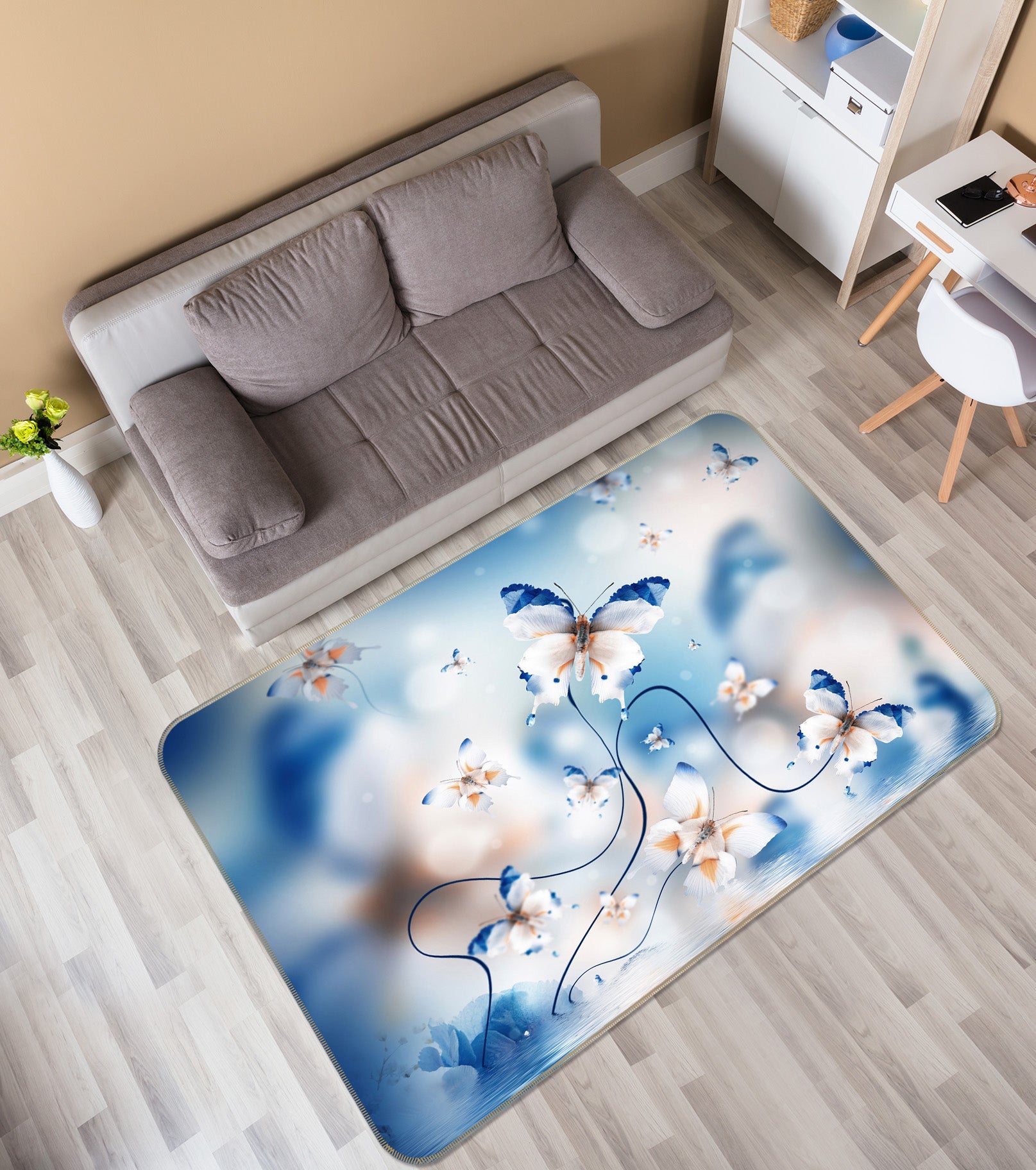 3D White Butterfly 050 Animal Non Slip Rug Mat