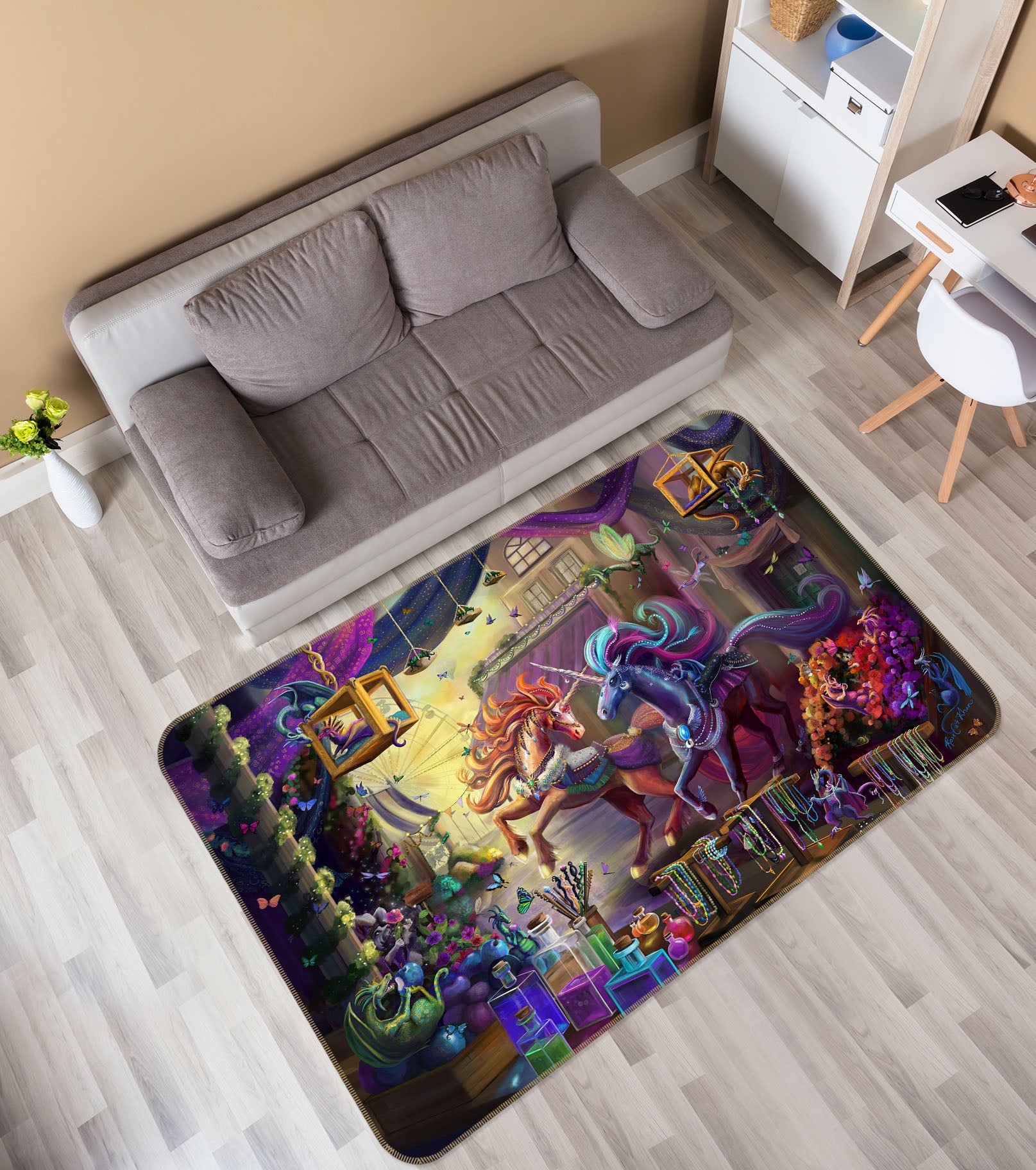 3D Two Unicorns 3022 Rose Catherine Khan Rug Non Slip Rug Mat