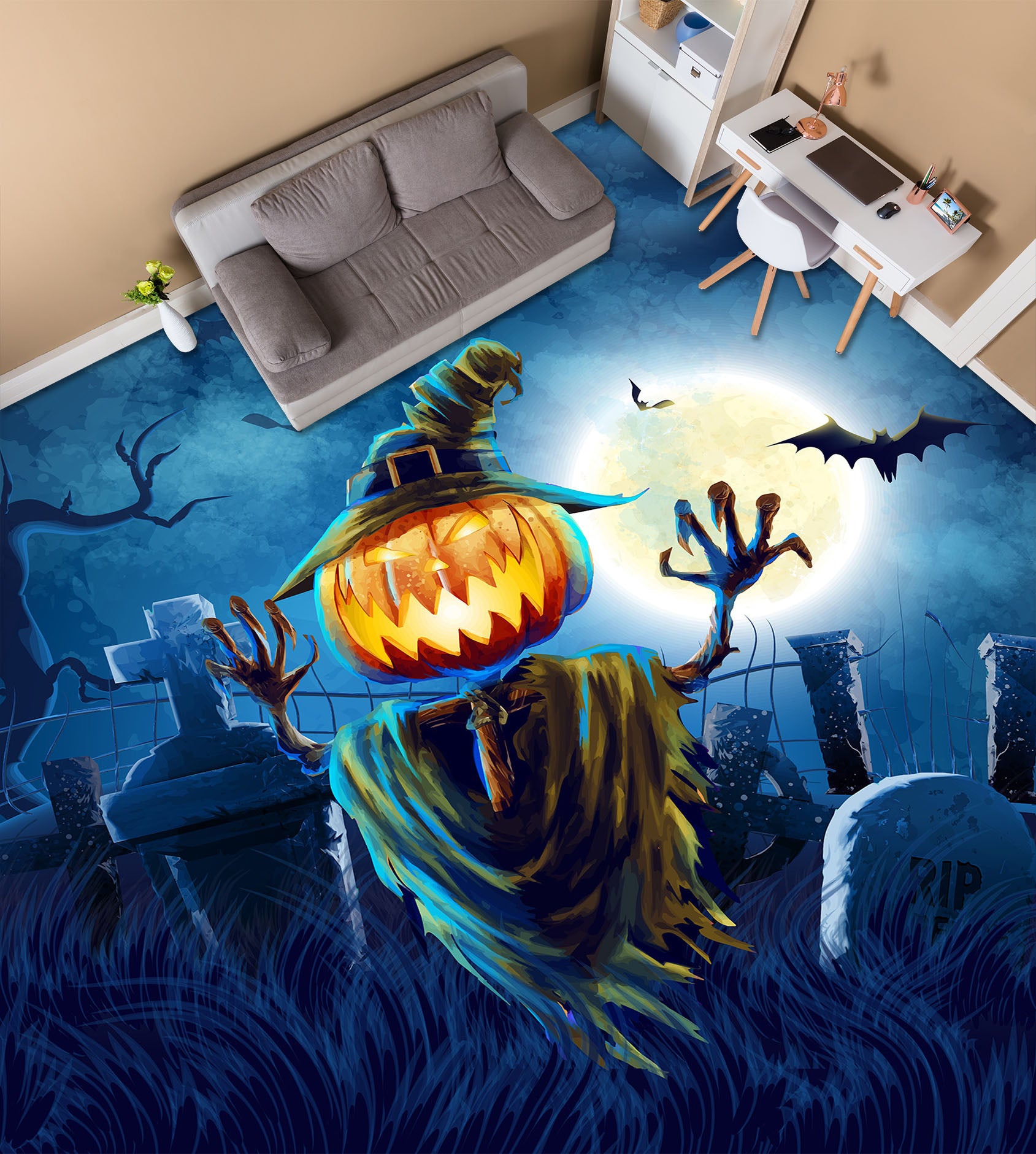 3D Pumpkin Bat 004 Floor Mural Self-Adhesive Sticker Bathroom Non-slip Waterproof Flooring Murals