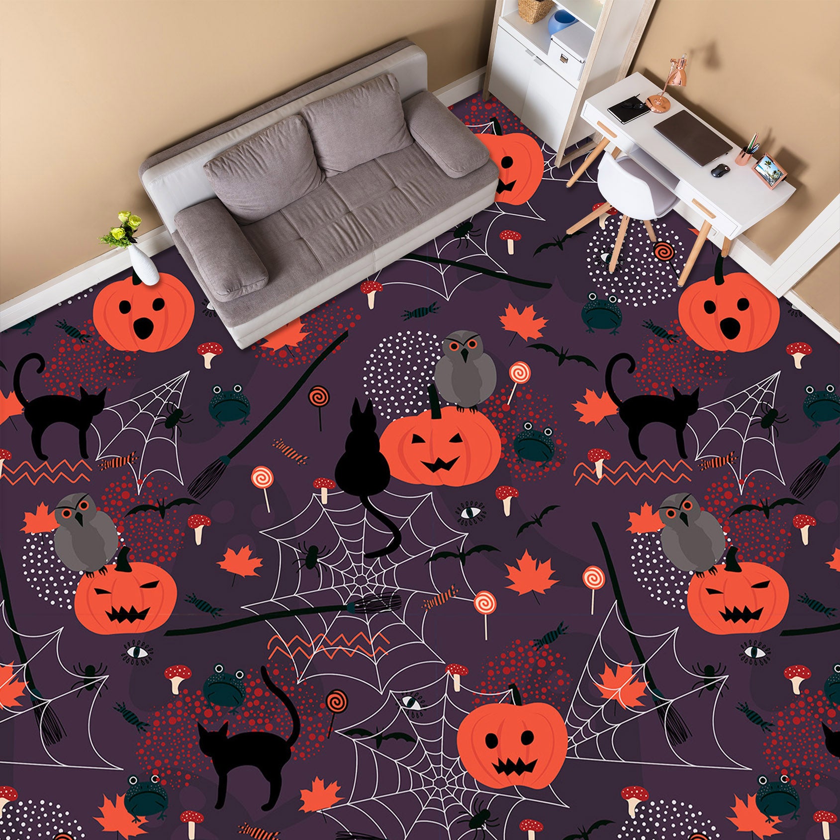 3D Pumpkin Owl 020 Floor Mural Self-Adhesive Sticker Bathroom Non-slip Waterproof Flooring Murals