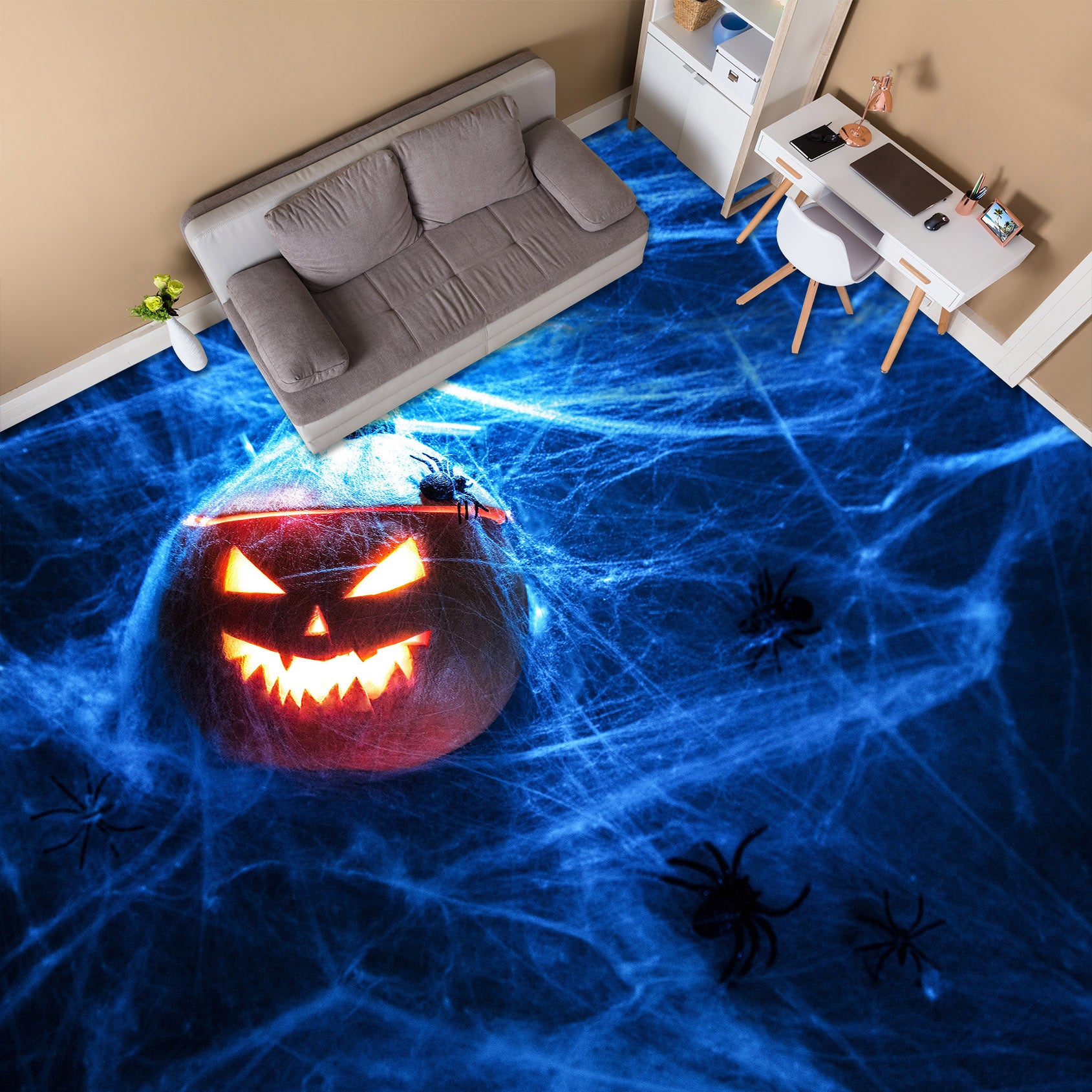 3D Pumpkin Spider Web 016 Floor Mural Self-Adhesive Sticker Bathroom Non-slip Waterproof Flooring Murals