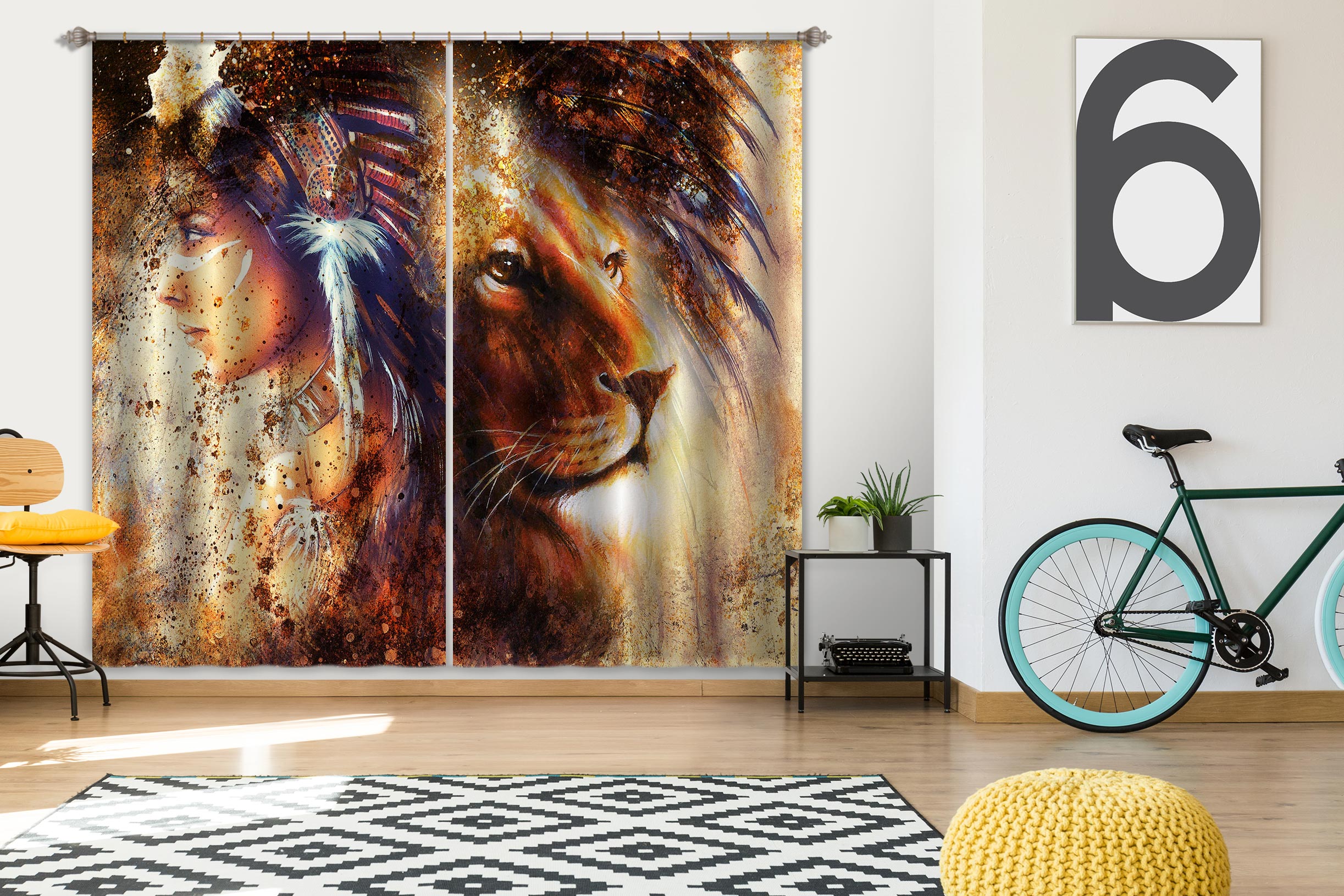 3D Lion Girl 027 Curtains Drapes