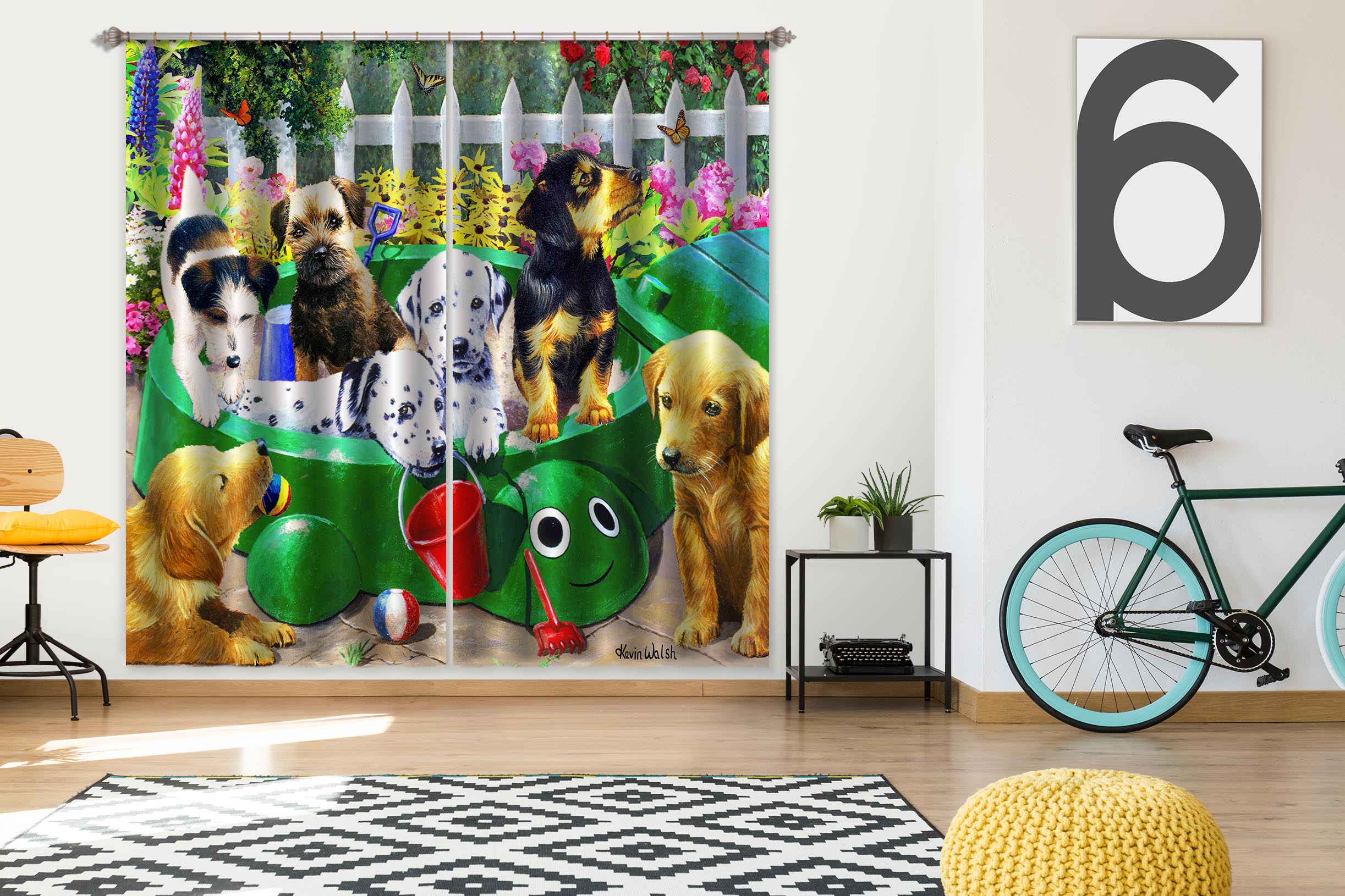 3D Dog Playing 139 Kevin Walsh Curtain Curtains Drapes