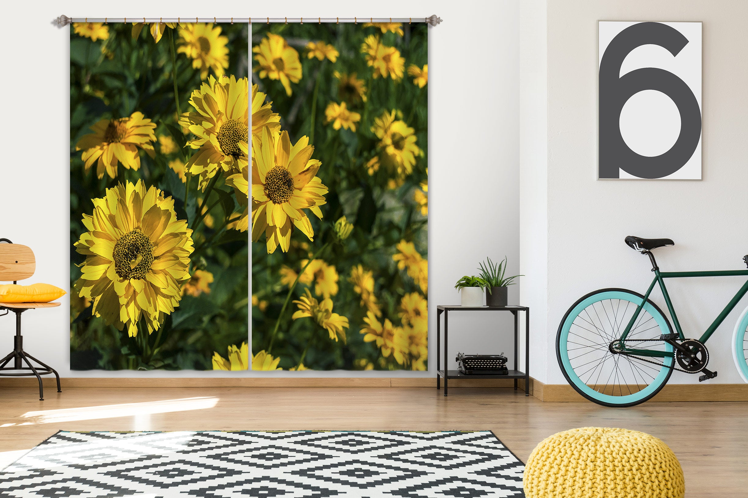 3D Yellow Sunflower 035 Jerry LoFaro Curtain Curtains Drapes