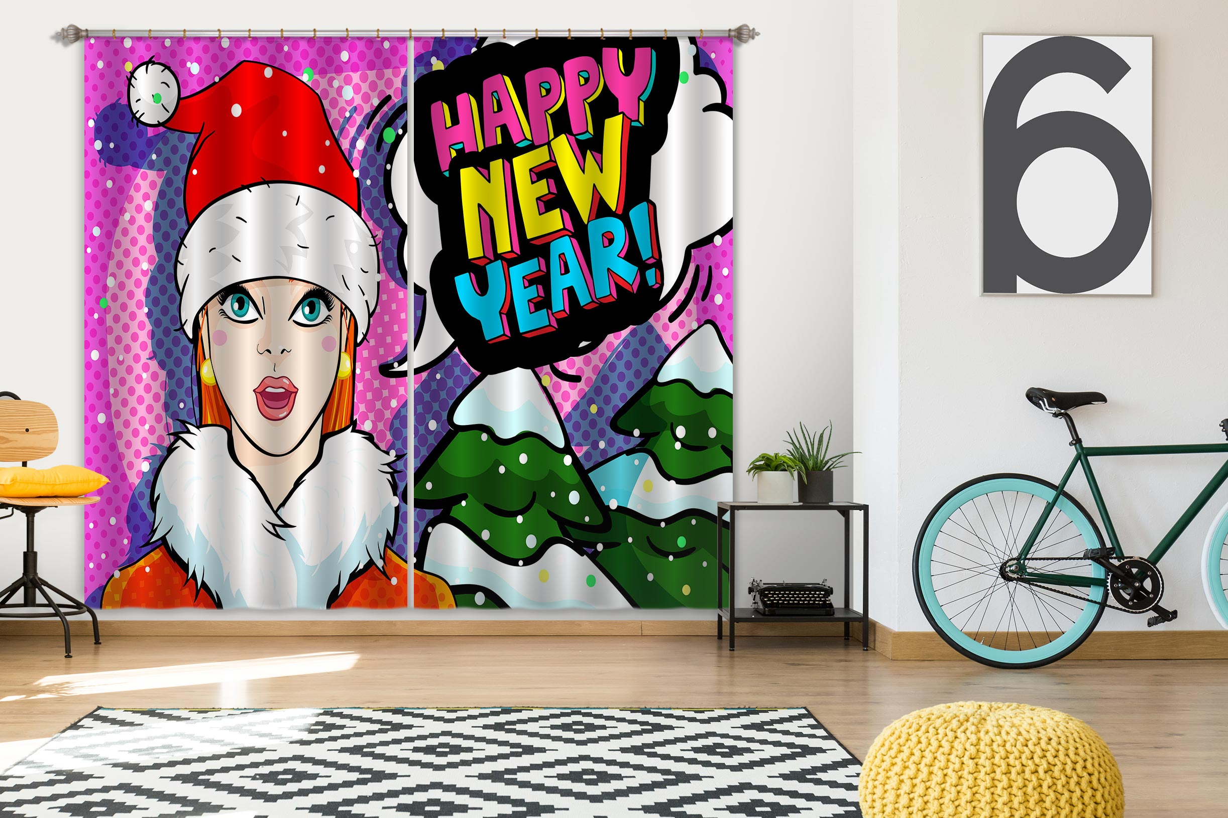 3D Christmas Tree Girl 057 Curtains Drapes