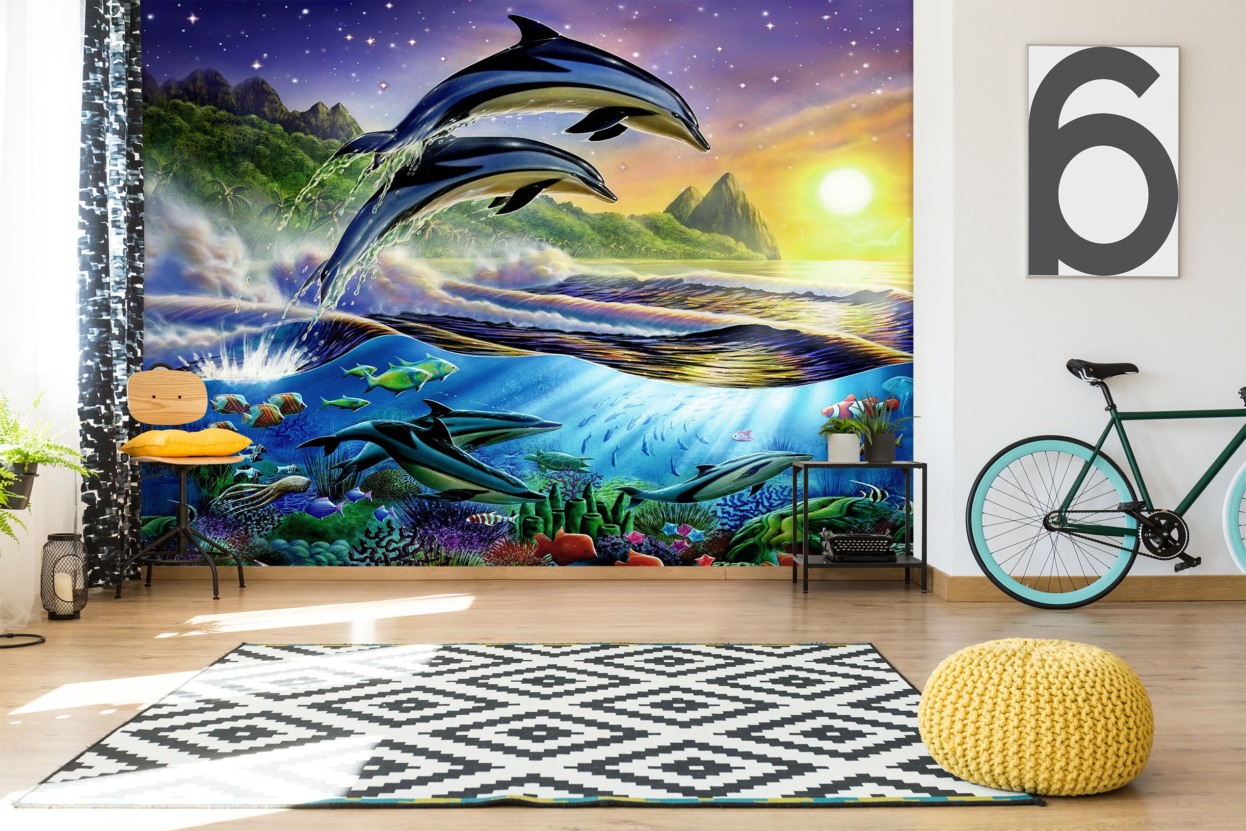 3D Sunset Dolphin 1399 Adrian Chesterman Wall Mural Wall Murals