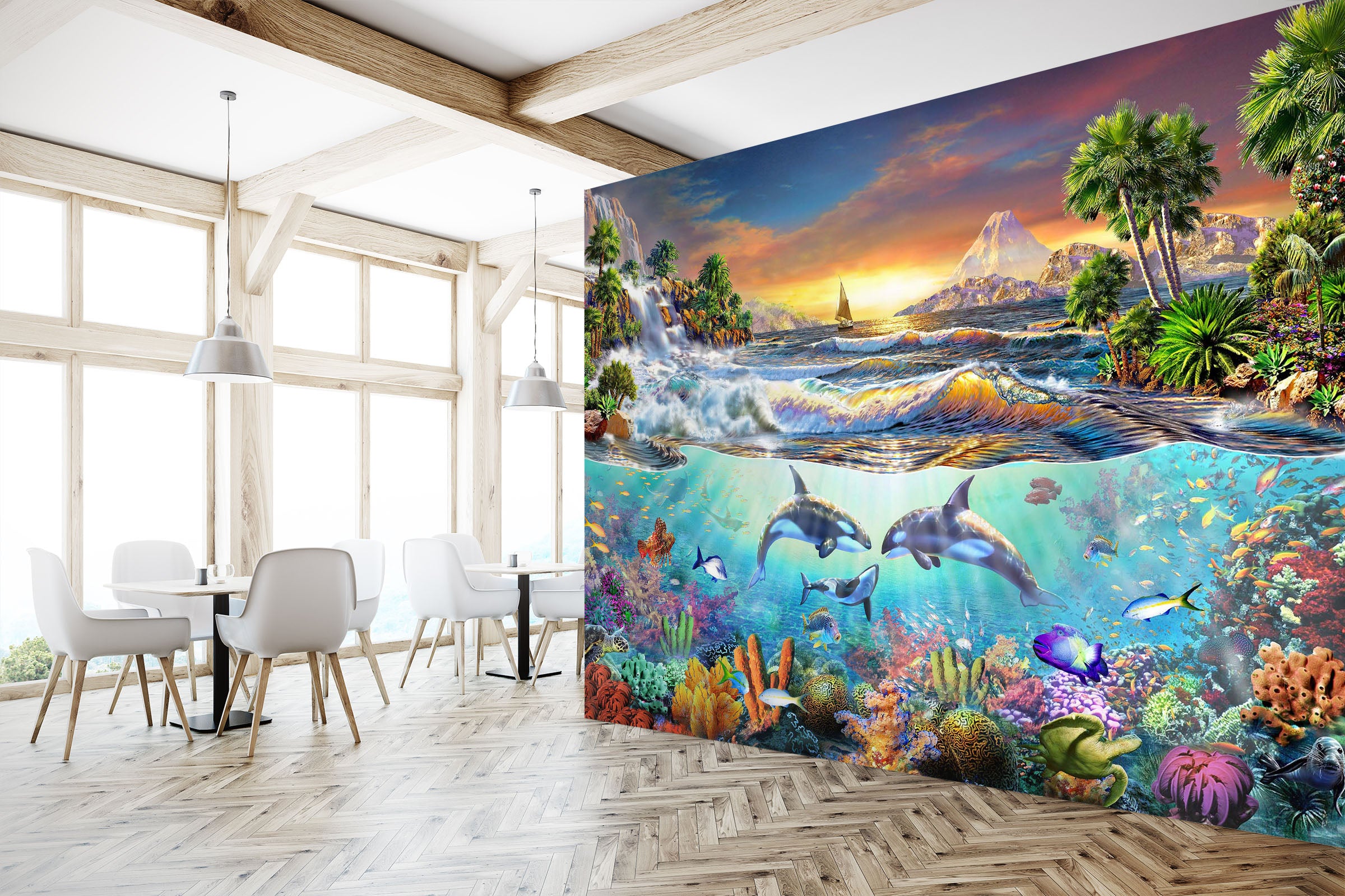 3D Sunset Dolphin 1403 Adrian Chesterman Wall Mural Wall Murals