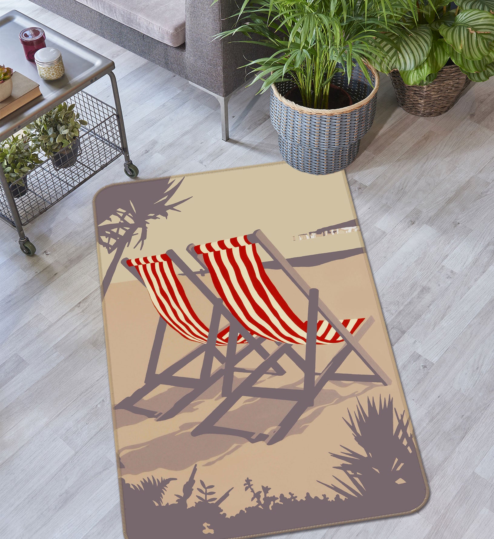 3D Bournemouth Red Deckchairs 1106 Steve Read Rug Non Slip Rug Mat