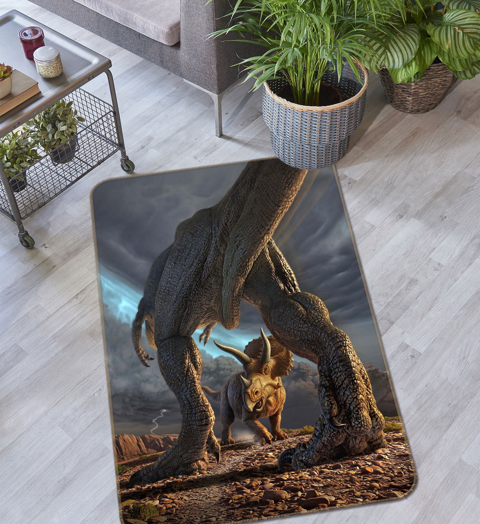 3D Dinosaur Fight 1071 Jerry LoFaro Rug Non Slip Rug Mat