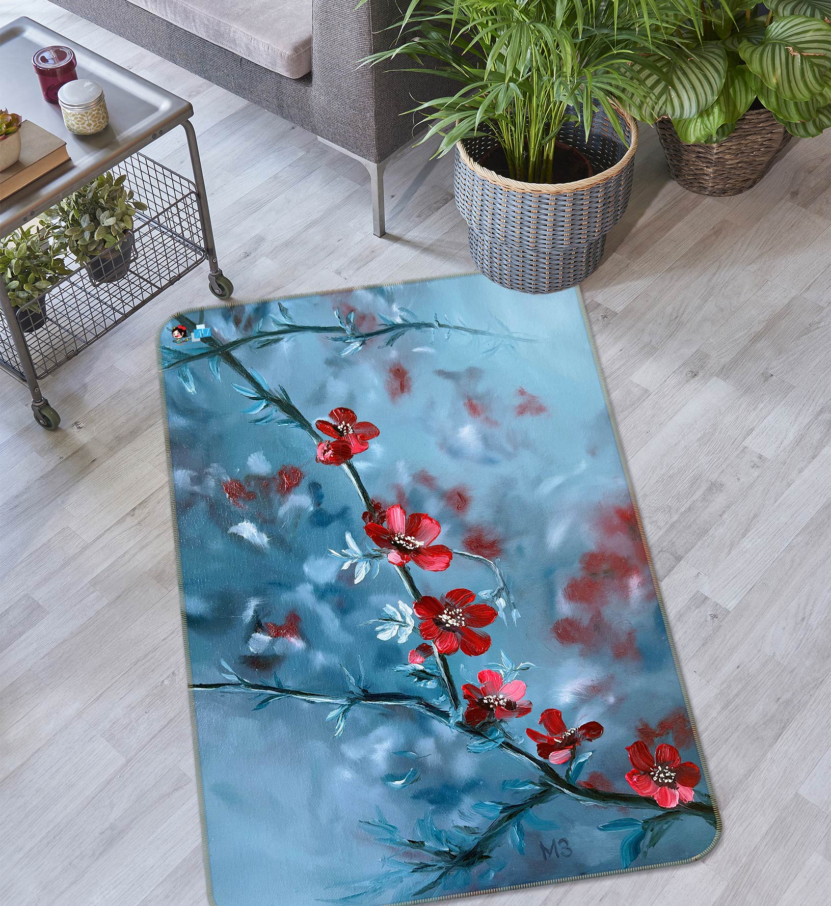 3D Red Plum Blossom Branch 9721 Marina Zotova Rug Non Slip Rug Mat