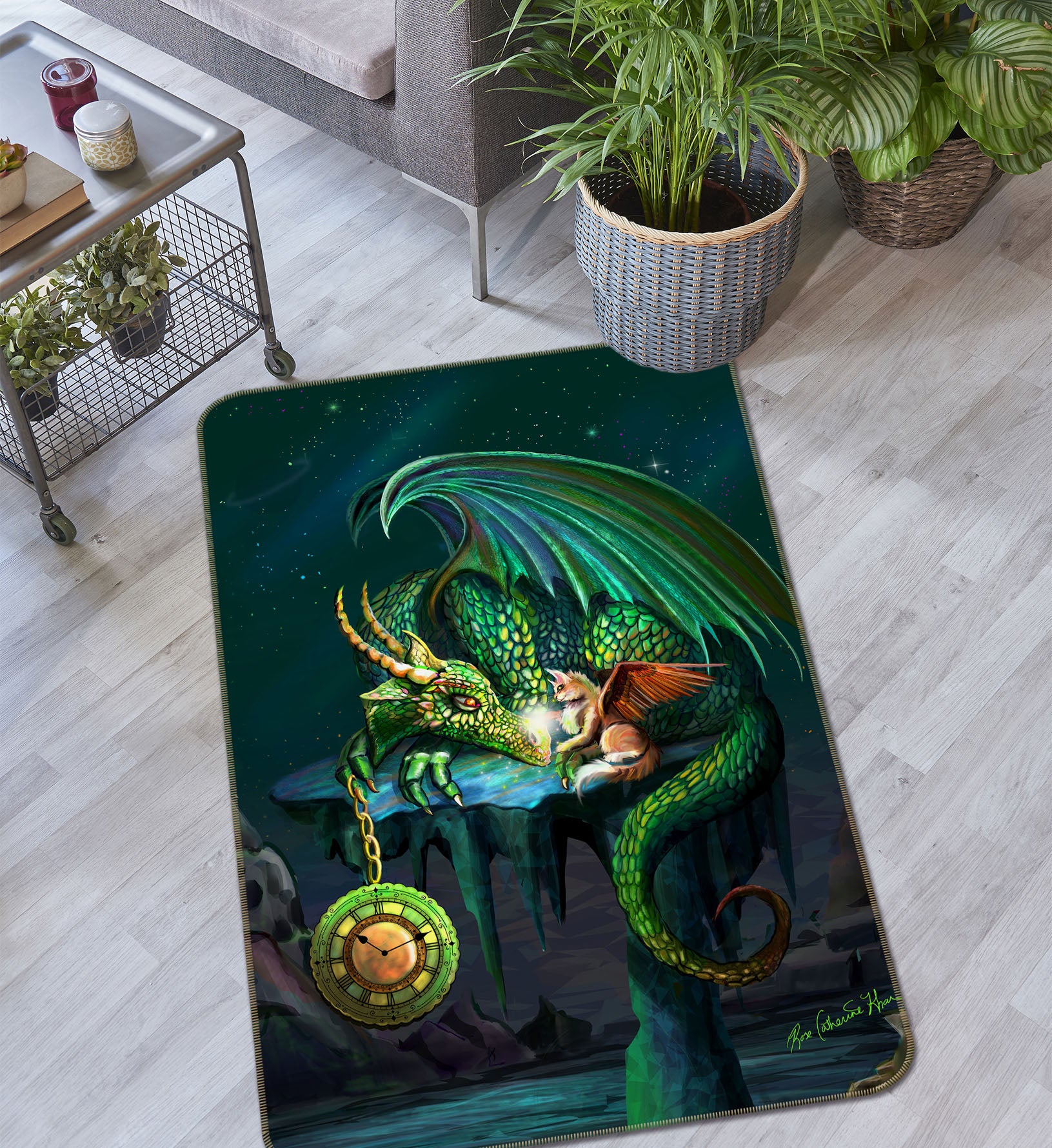 3D Green Dragon 3036 Rose Catherine Khan Rug Non Slip Rug Mat