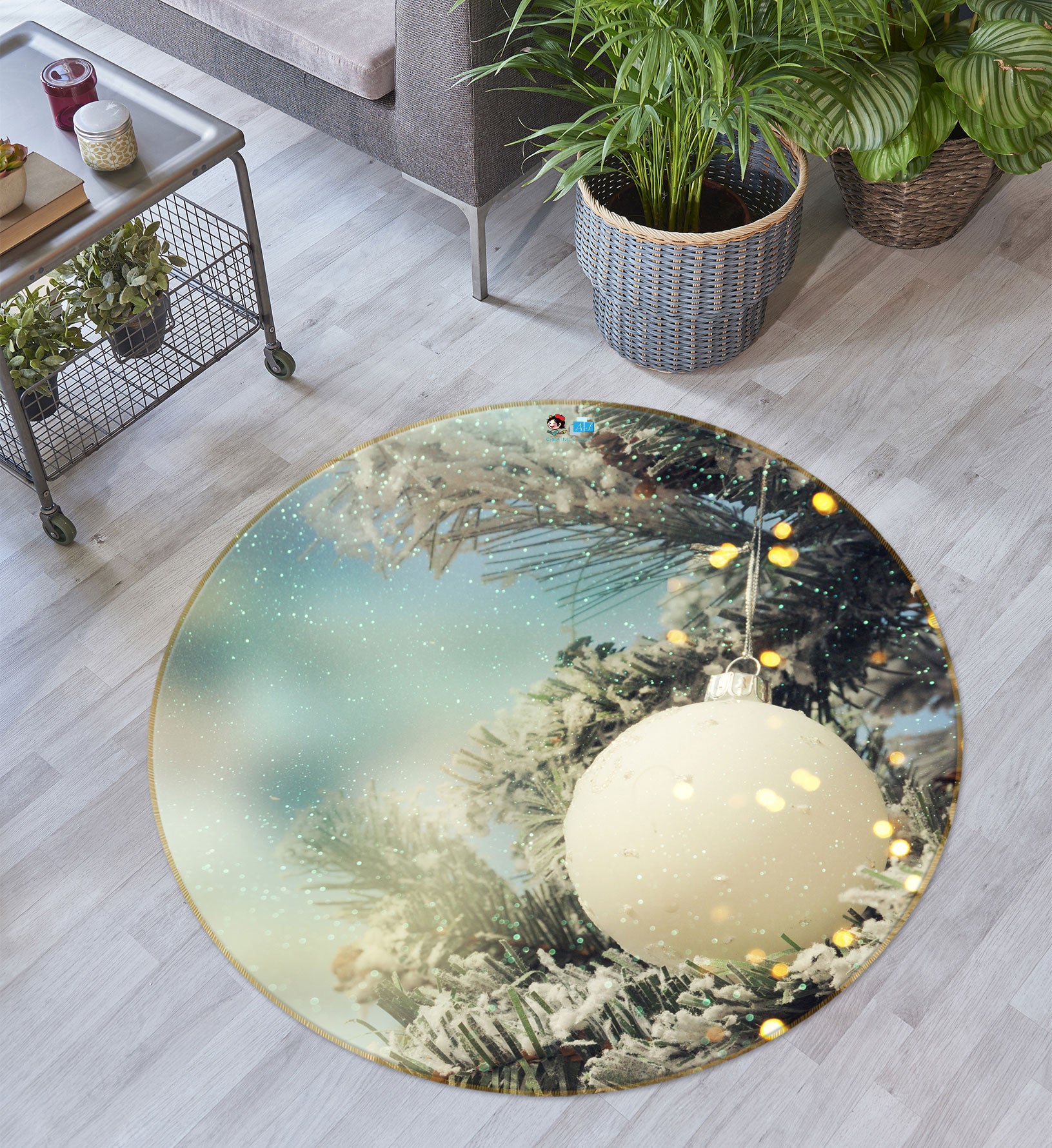 3D White Ball 55189 Christmas Round Non Slip Rug Mat Xmas