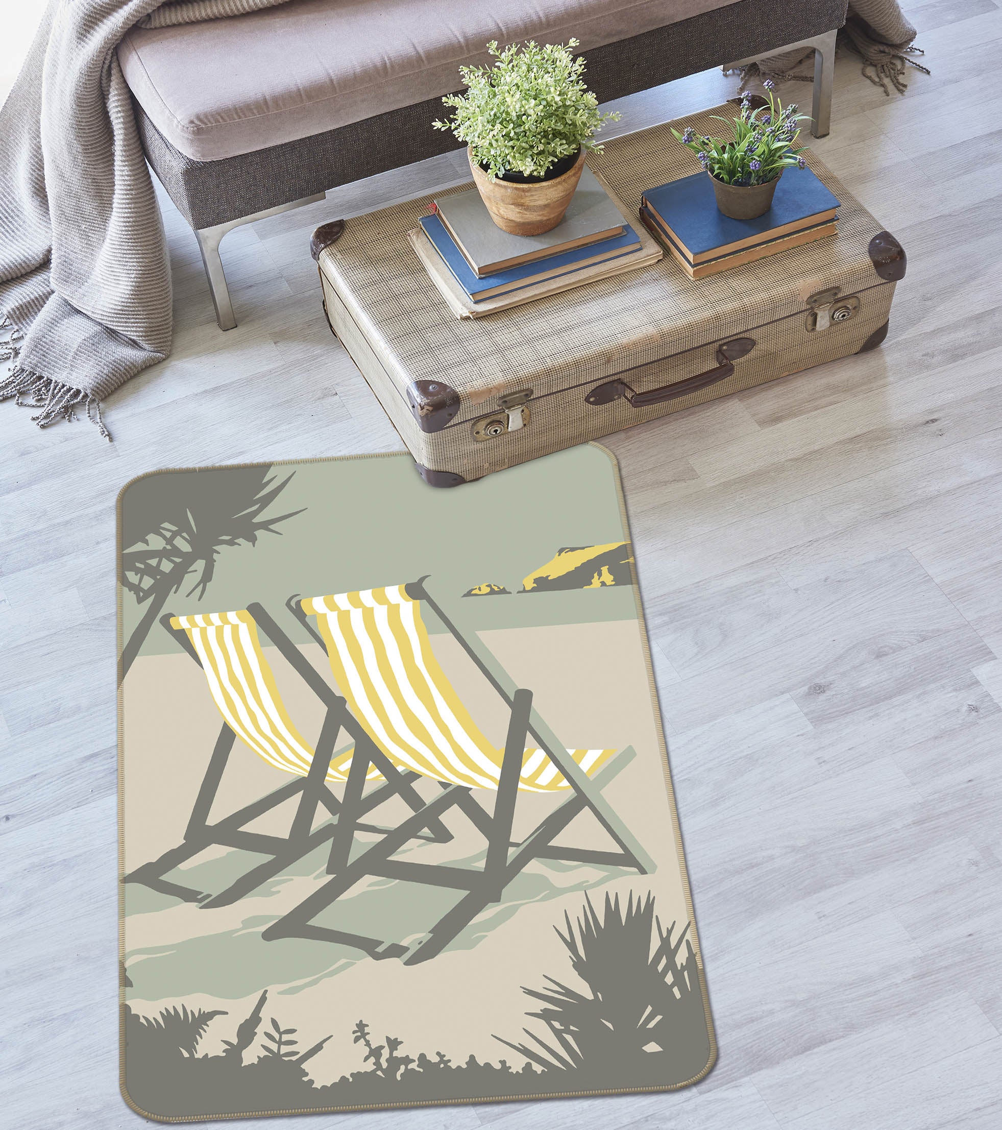 3D Polzeath Deckchairs 1134 Steve Read Rug Non Slip Rug Mat