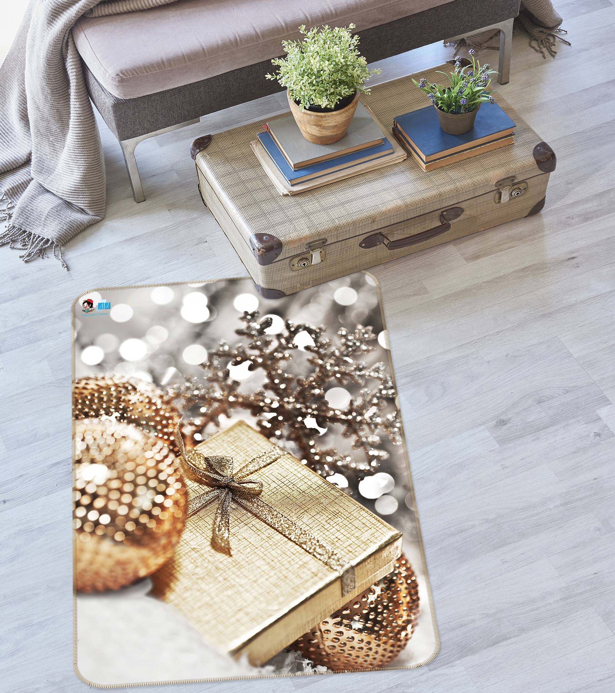 3D Golden Ball Gift Box 56181 Christmas Non Slip Rug Mat Xmas