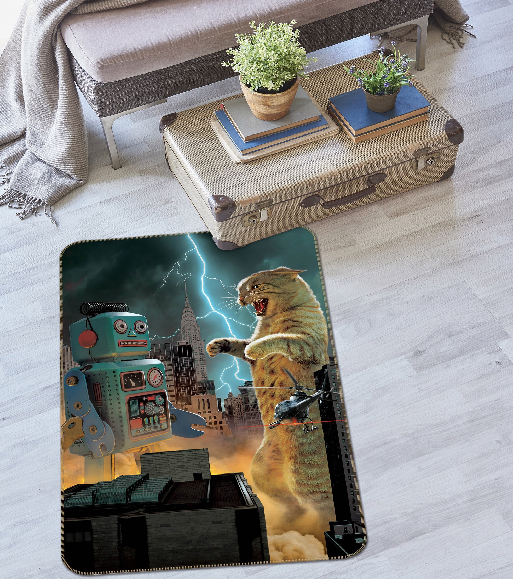 3D Catzilla Vs Robot Def 1019 Vincent Hie Rug Non Slip Rug Mat