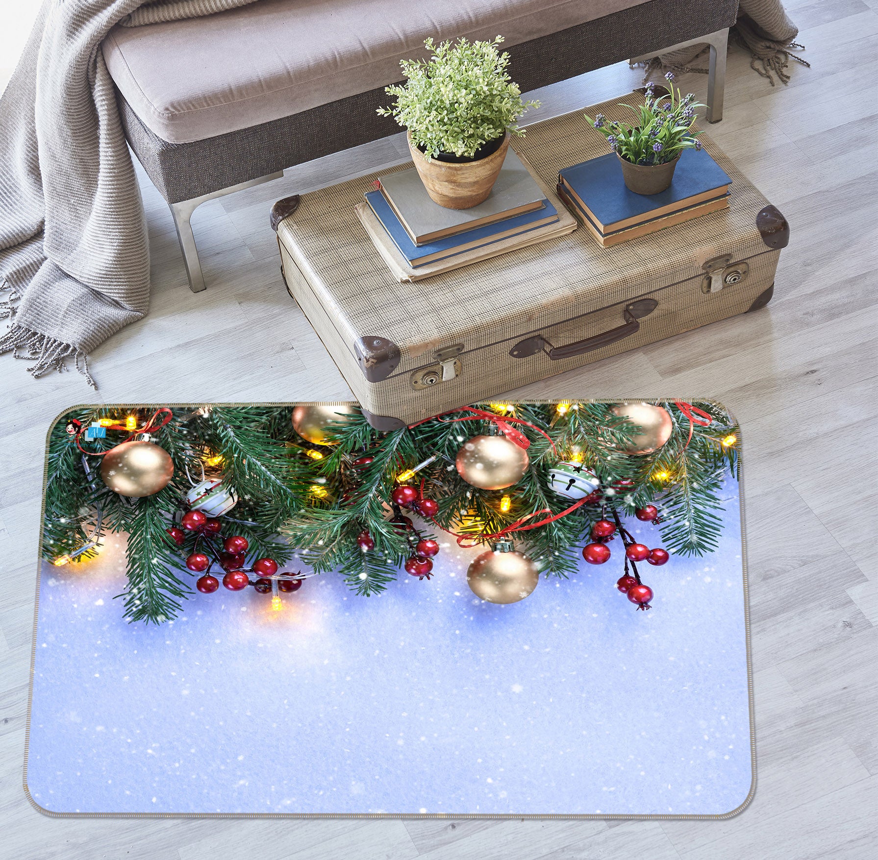 3D Branches Golden Ball 56239 Christmas Non Slip Rug Mat Xmas