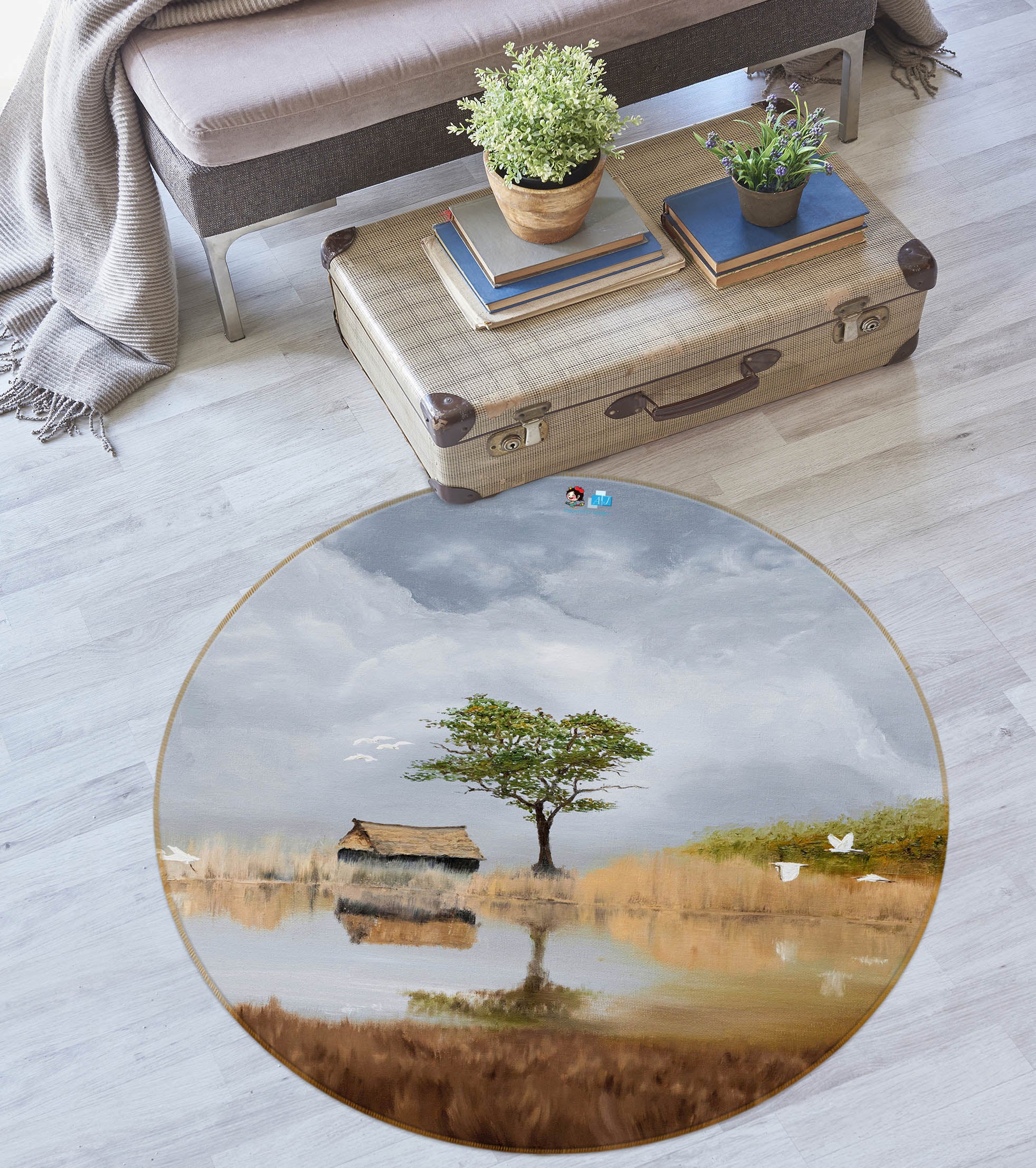 3D Trees Grass Cabin 18155 Marina Zotova Rug Round Non Slip Rug Mat