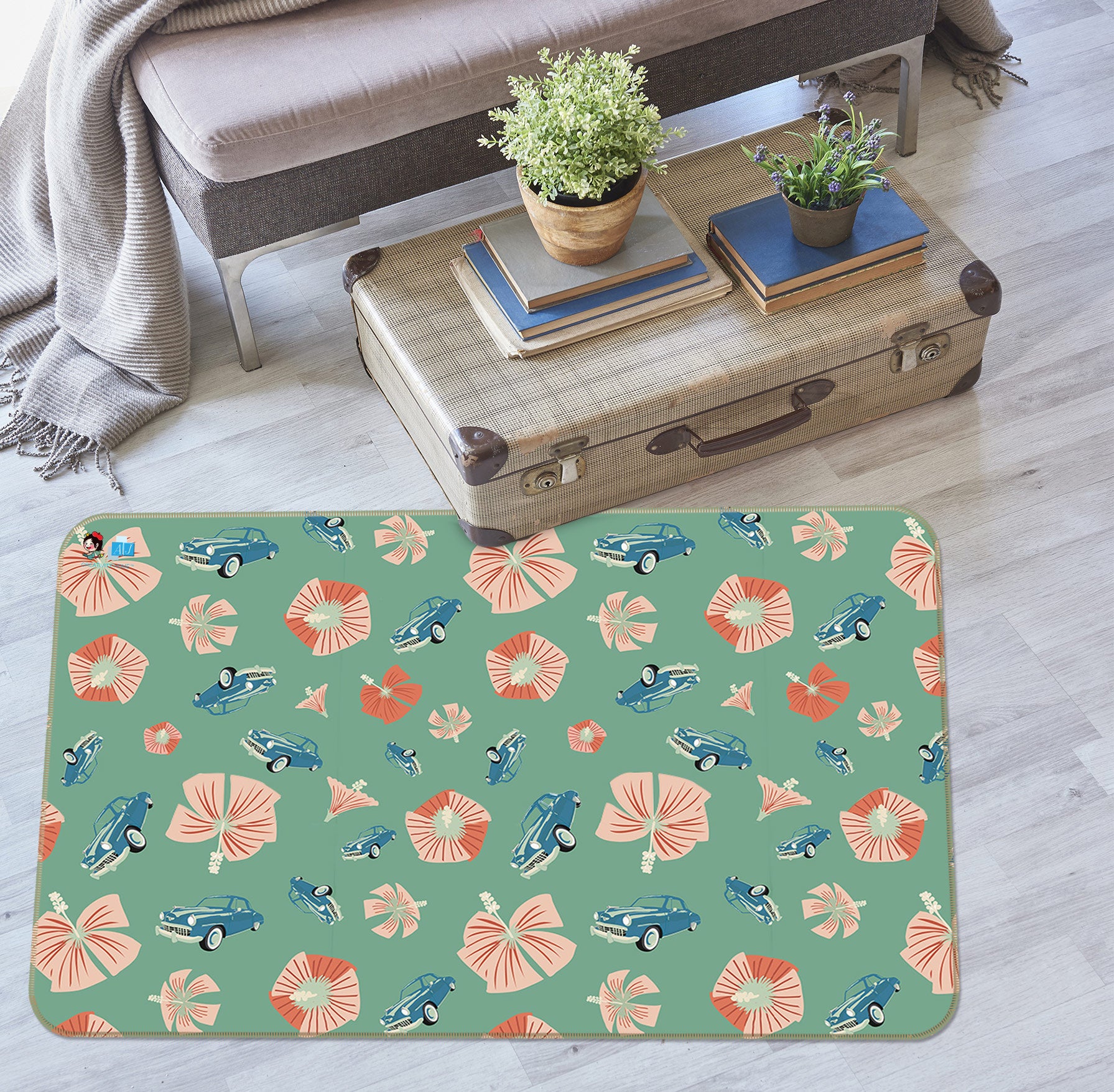 3D Pink Flowers Blue Car Pattern 9875 Kasumi Loffler Rug Non Slip Rug Mat